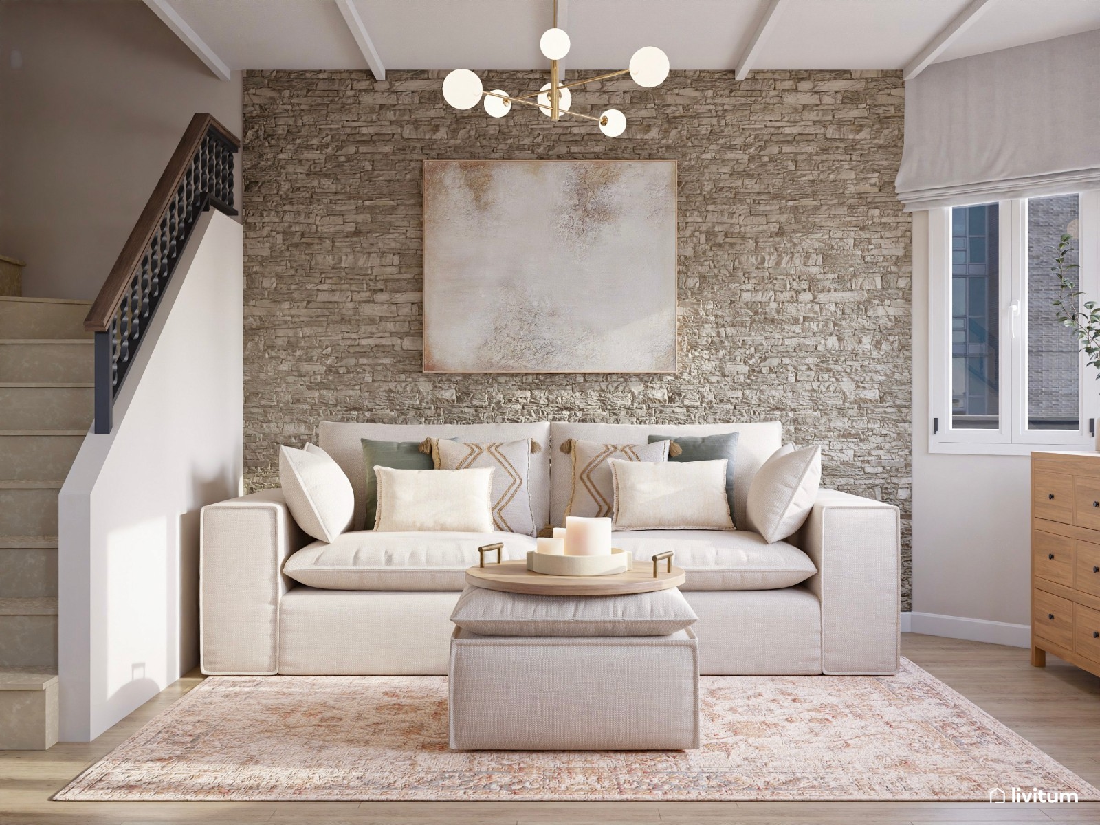 Salón comedor pequeño con cocina abierta de estilo nórdico con paredes de piedra