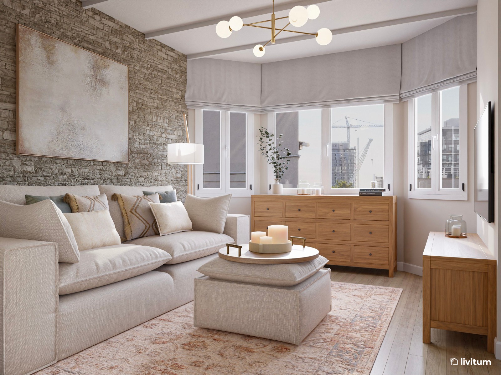 Salón comedor pequeño con cocina abierta de estilo nórdico con paredes de piedra