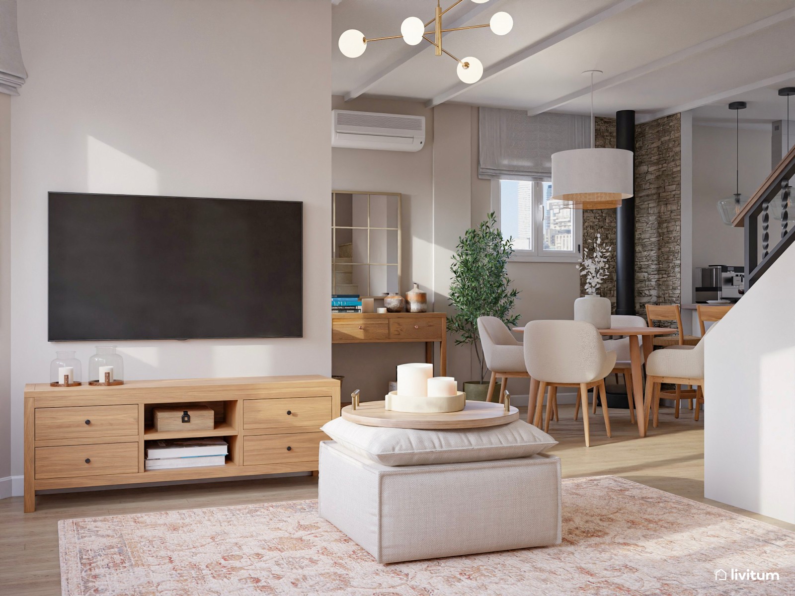 Salón comedor pequeño con cocina abierta de estilo nórdico con paredes de piedra