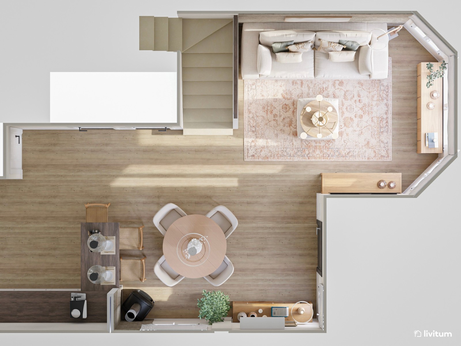 Salón comedor pequeño con cocina abierta de estilo nórdico con paredes de piedra