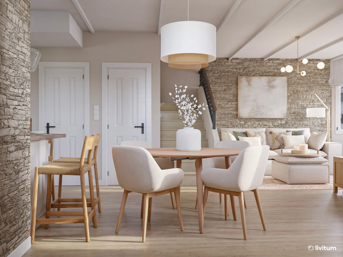 Salón comedor pequeño con cocina abierta de estilo nórdico con paredes de piedra