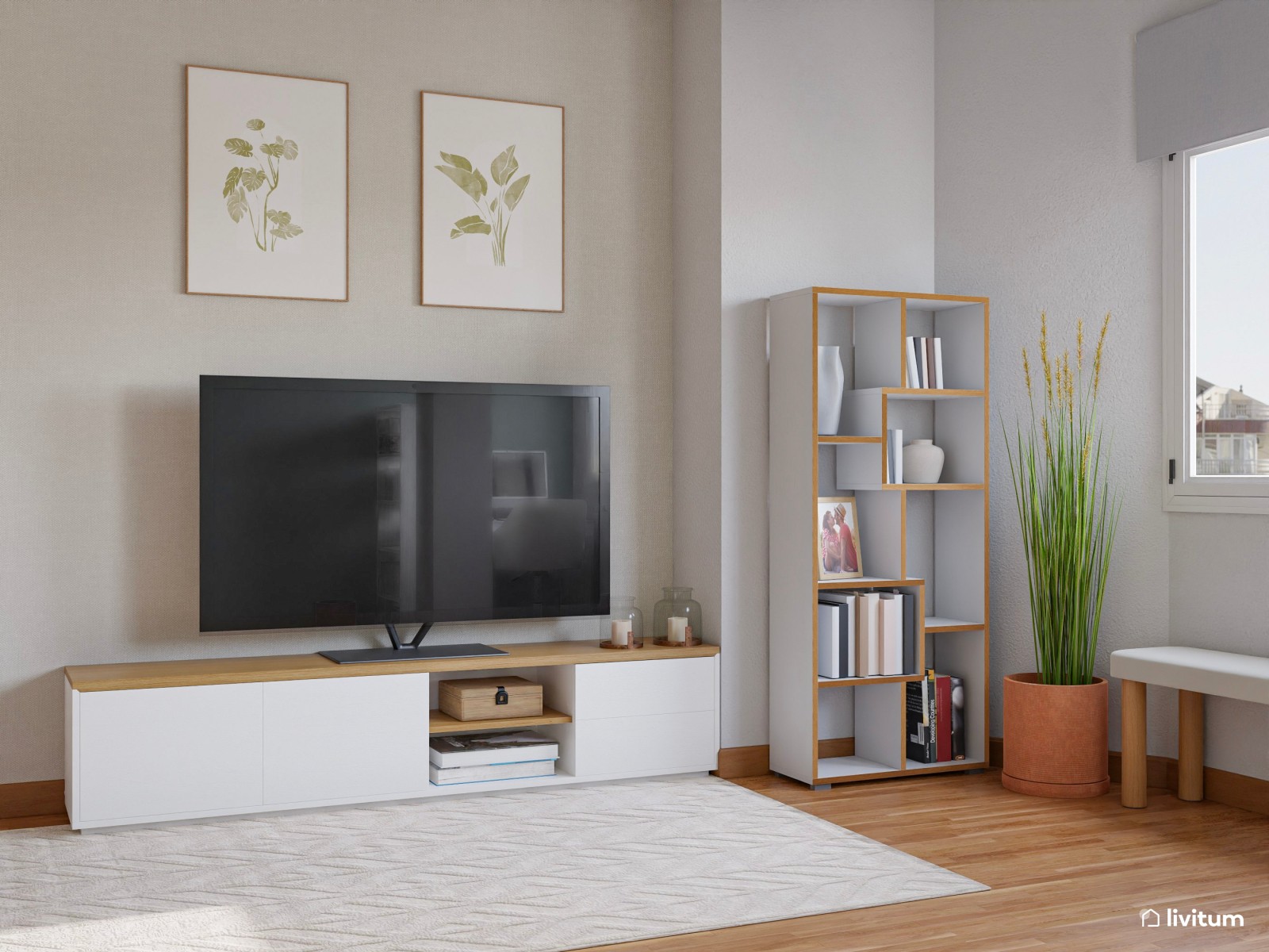 Salón comedor pequeño con detalles en verde y zona de escritorio
