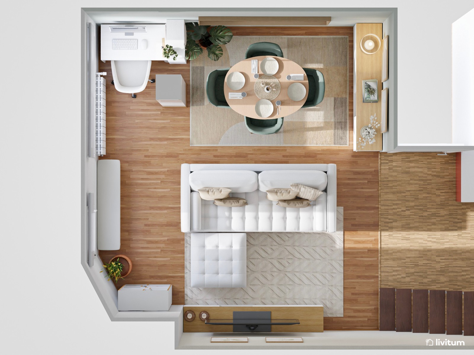 Salón comedor pequeño con detalles en verde y zona de escritorio