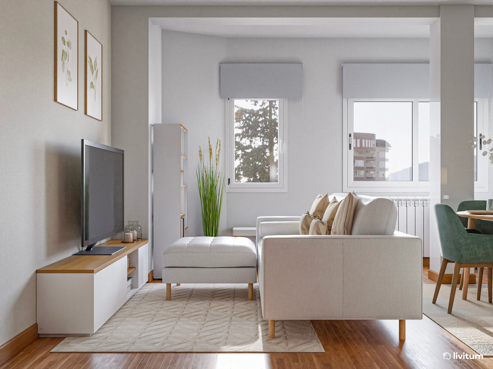 Salón comedor pequeño con detalles en verde y zona de escritorio