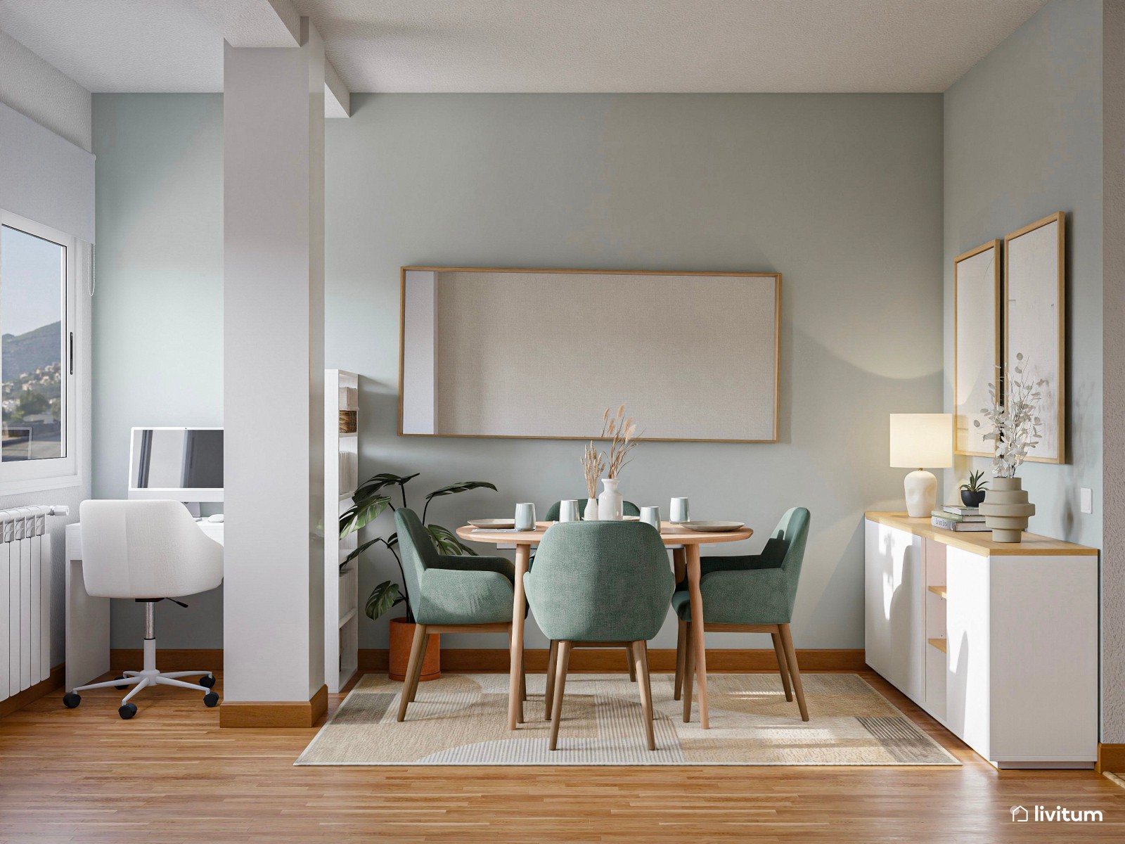 Salón comedor pequeño con detalles en verde y zona de escritorio