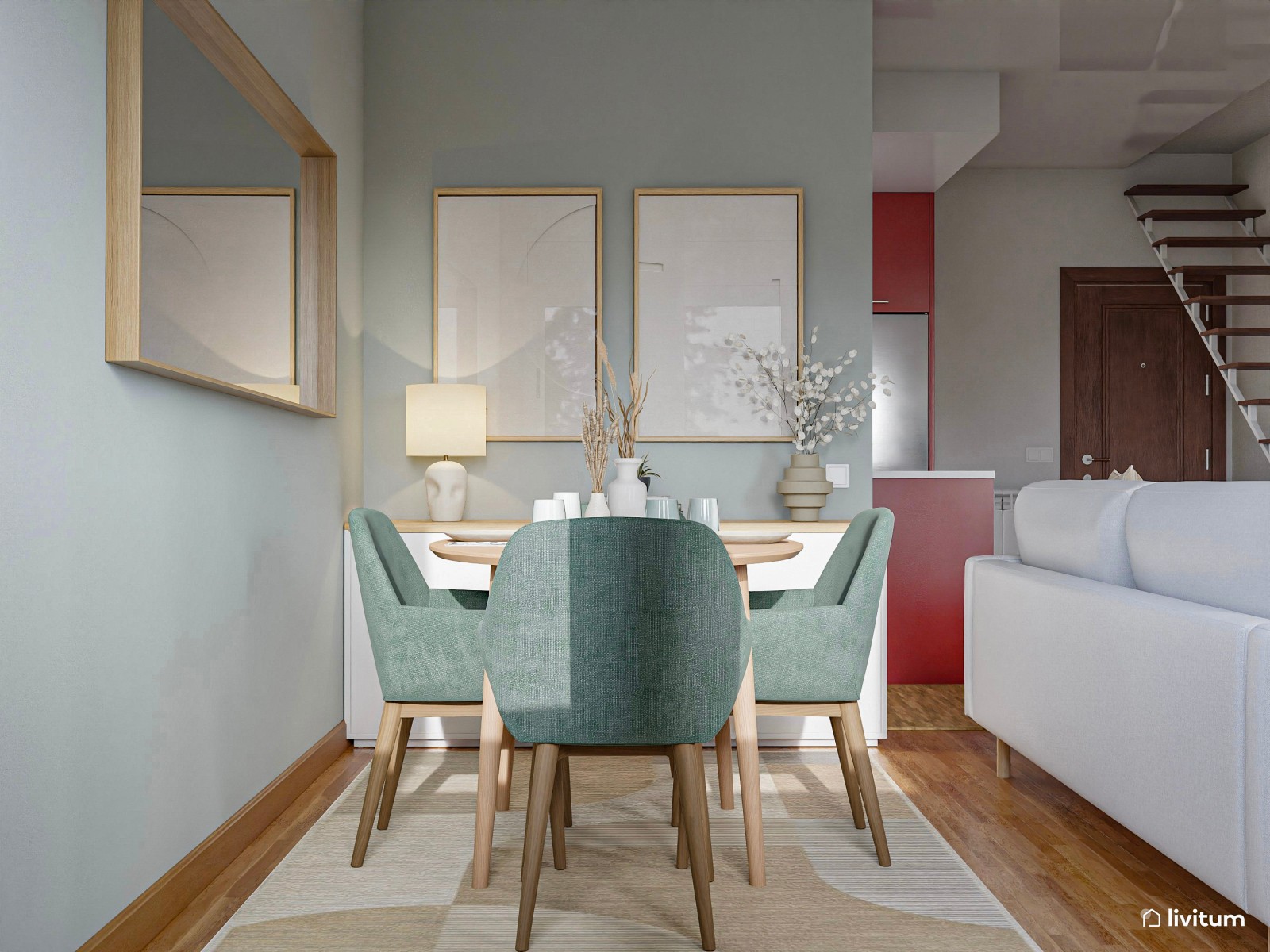 Salón comedor pequeño con detalles en verde y zona de escritorio