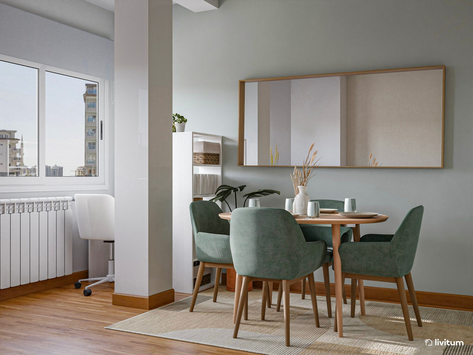 Salón comedor pequeño con detalles en verde y zona de escritorio
