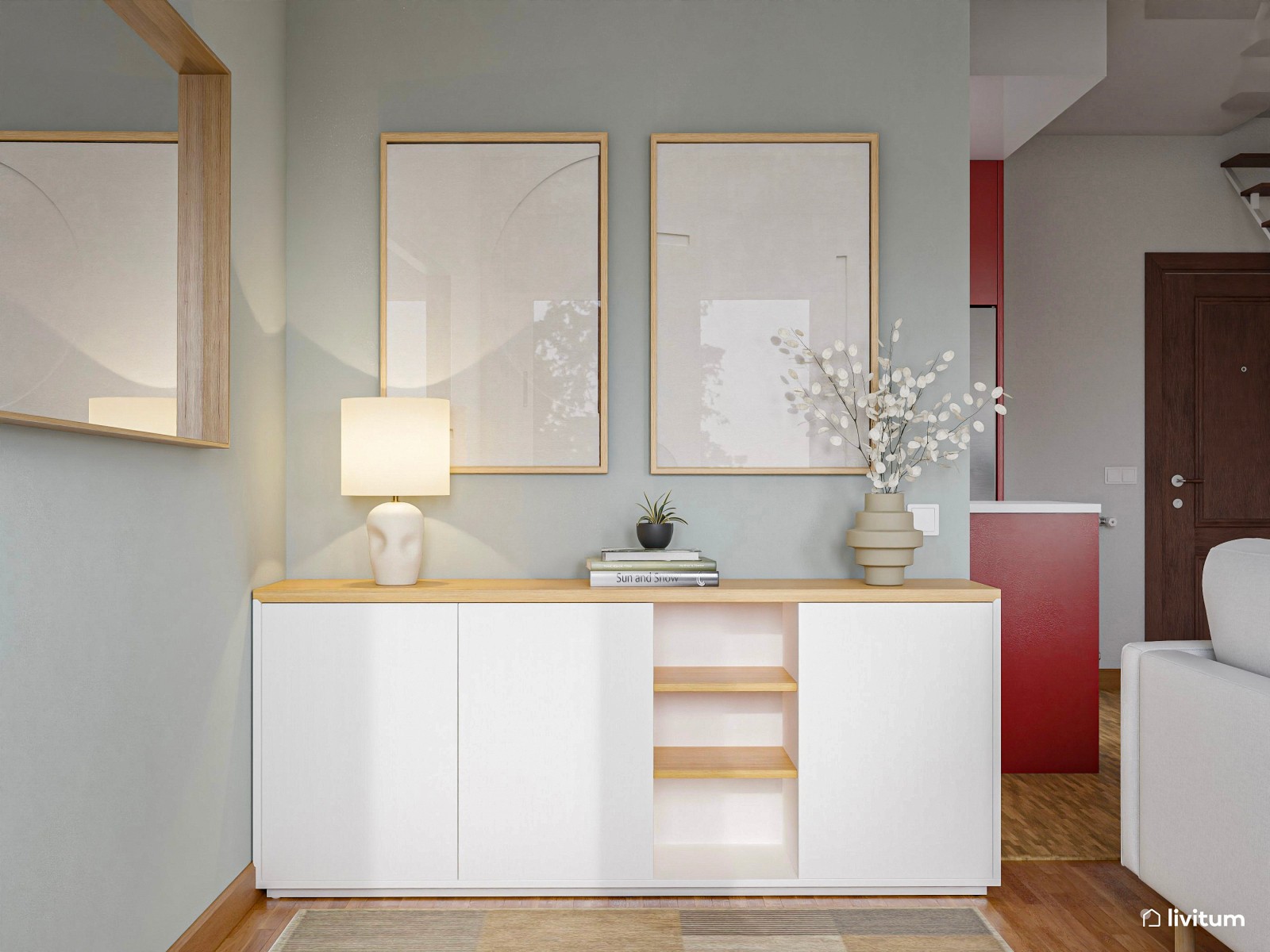Salón comedor pequeño con detalles en verde y zona de escritorio