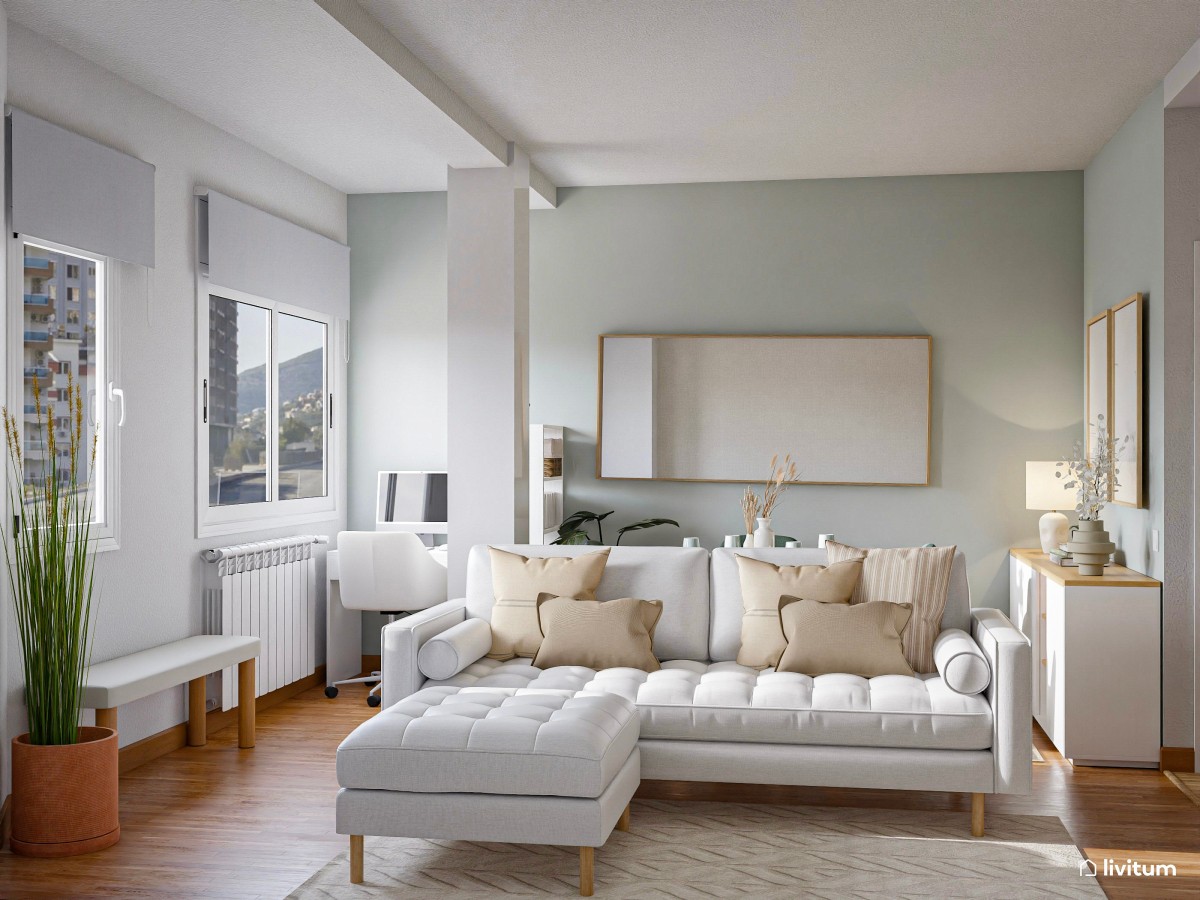 Salón comedor pequeño con detalles en verde y zona de escritorio