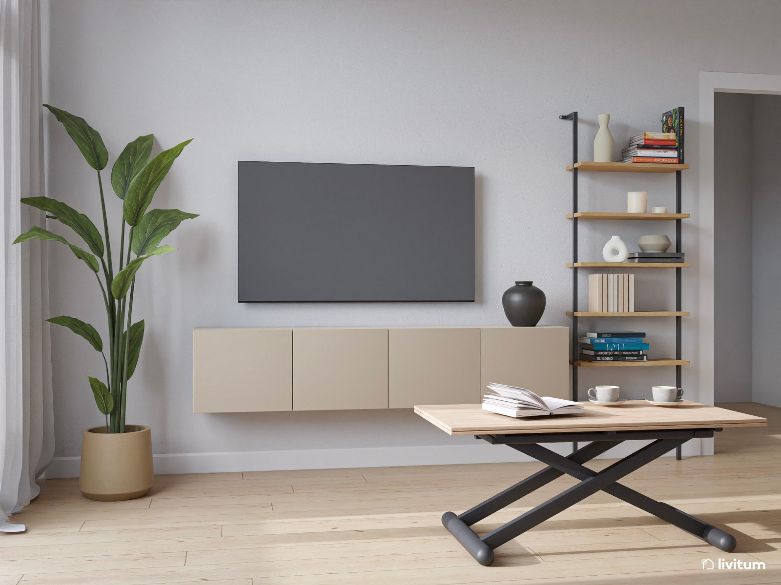 Salón comedor pequeño de 16 m² en tonos neutros  