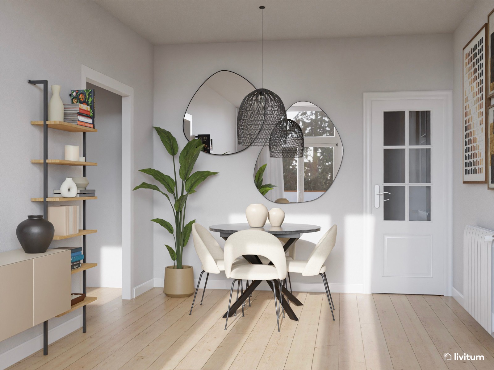 Salón comedor pequeño de 16 m² en tonos neutros  