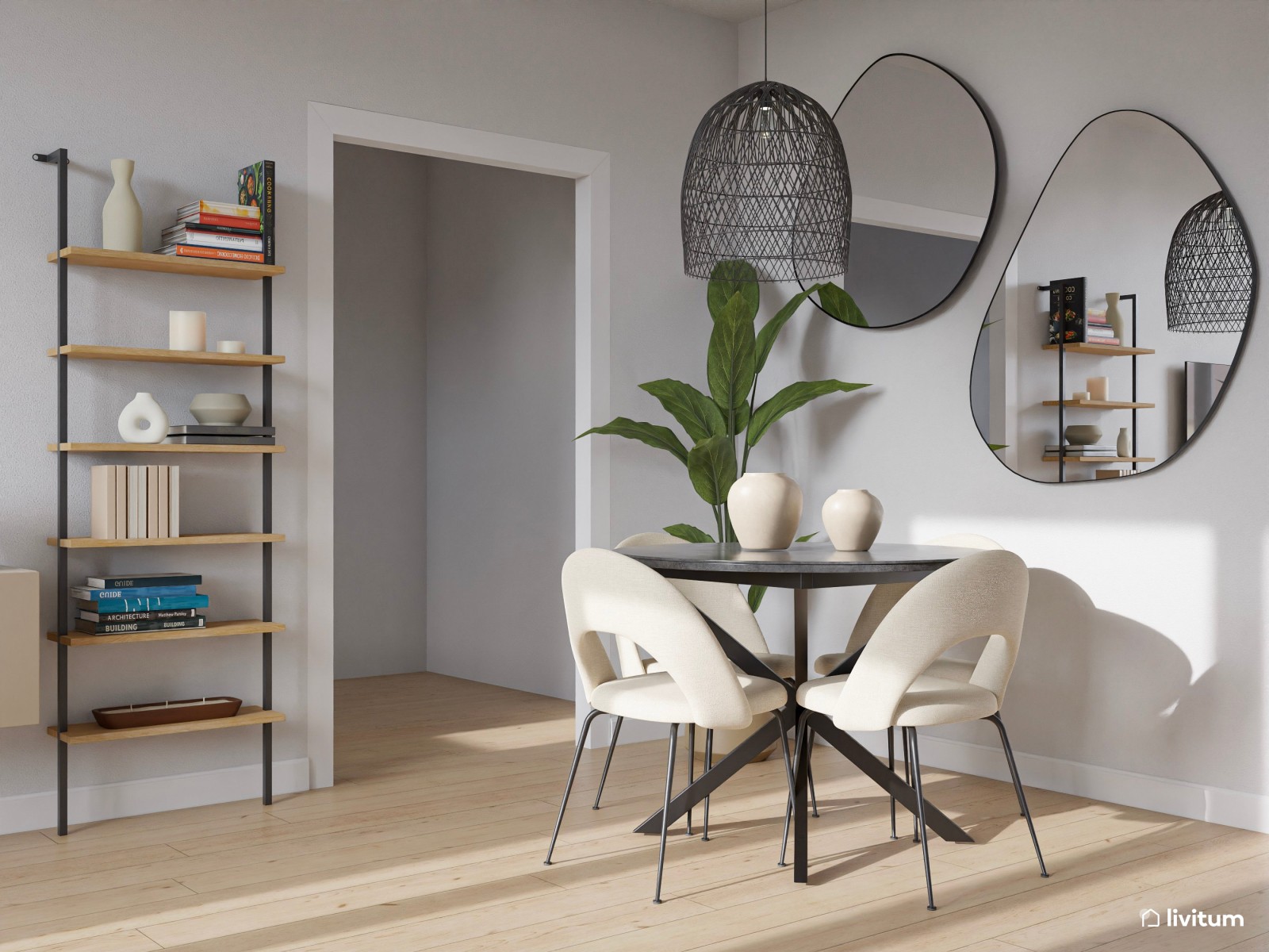 Salón comedor pequeño de 16 m² en tonos neutros  