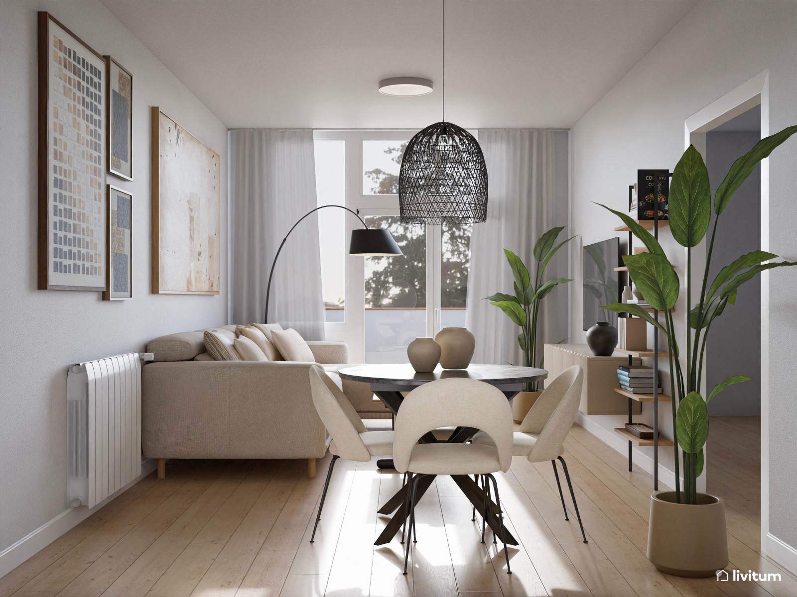 Salón comedor pequeño de 16 m² en tonos neutros  