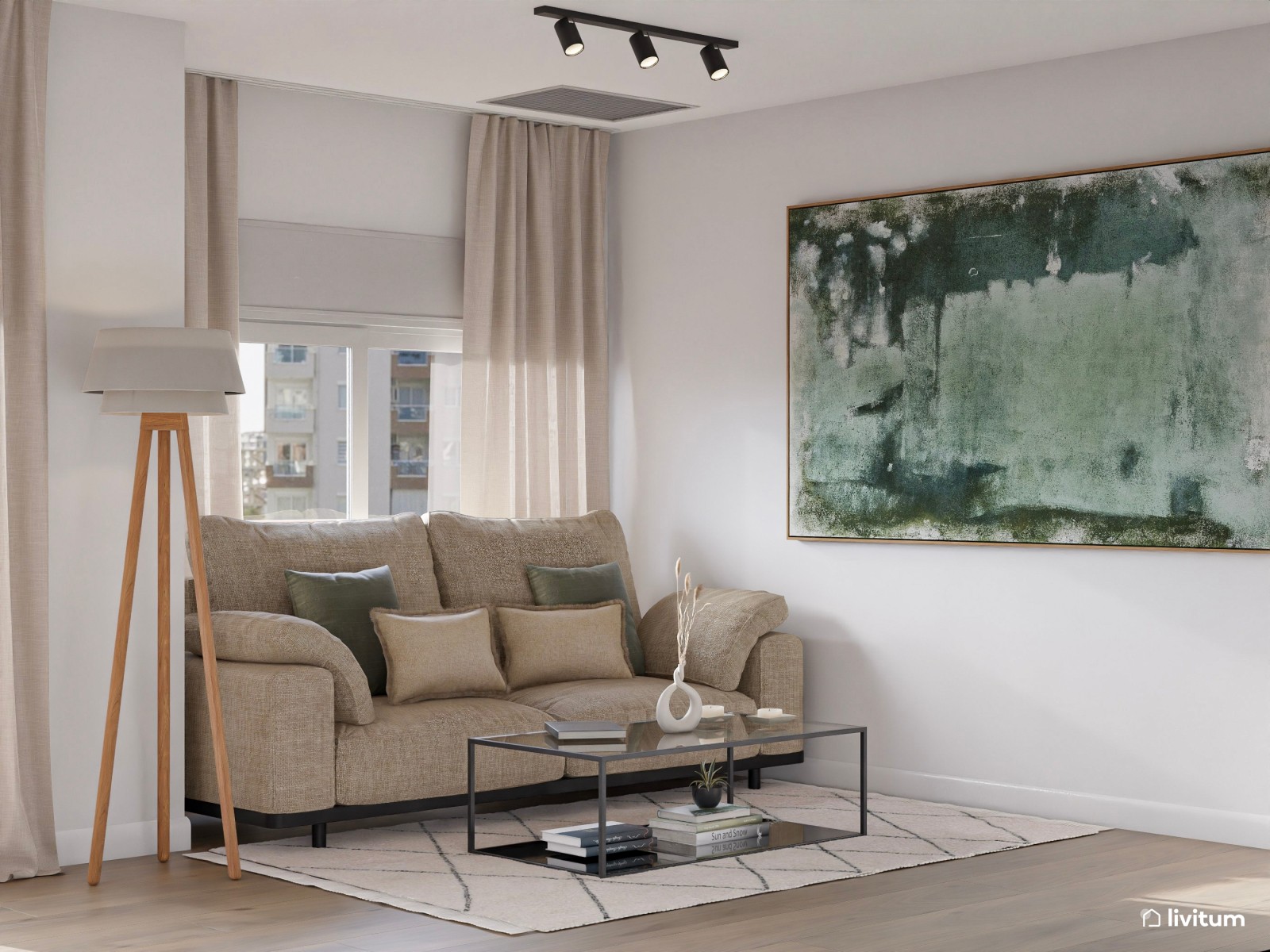 Salón comedor pequeño de 18 m² de estilo nórdico con toques en negro y verde