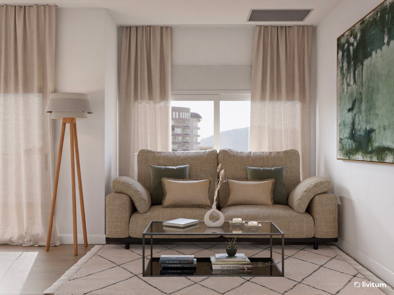 Salón comedor pequeño de 18 m² de estilo nórdico con toques en negro y verde