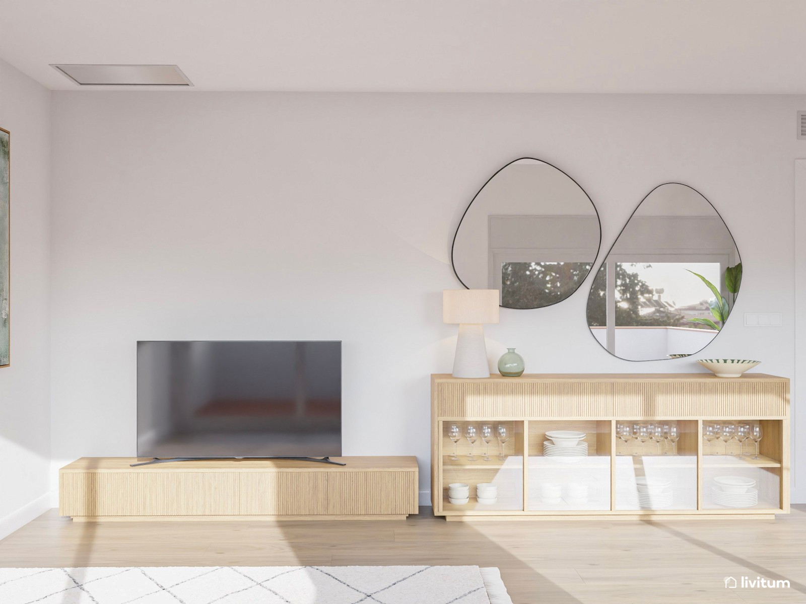 Salón comedor pequeño de 18 m² de estilo nórdico con toques en negro y verde