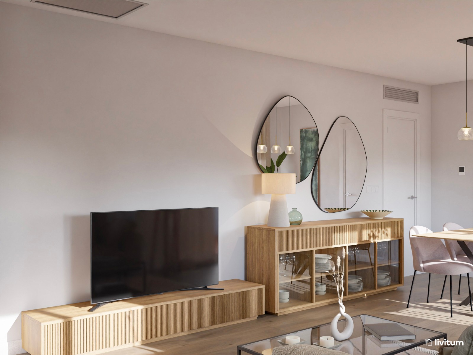 Salón comedor pequeño de 18 m² de estilo nórdico con toques en negro y verde