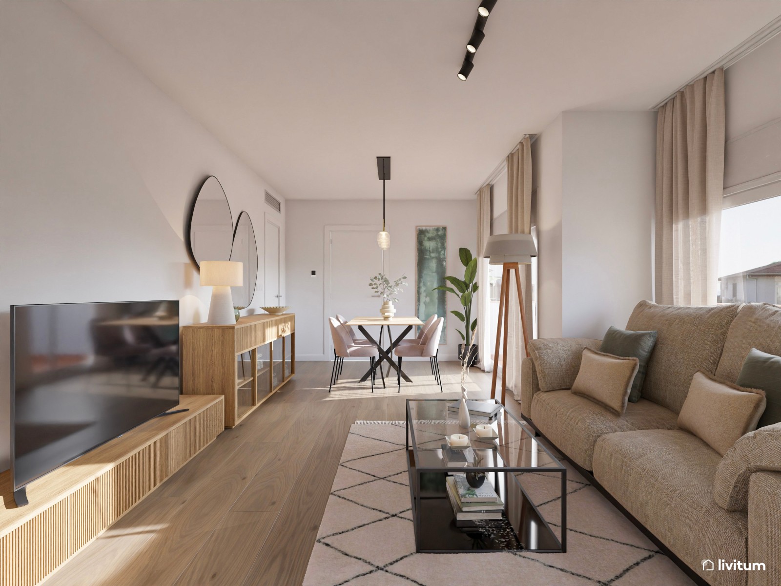 Salón comedor pequeño de 18 m² de estilo nórdico con toques en negro y verde