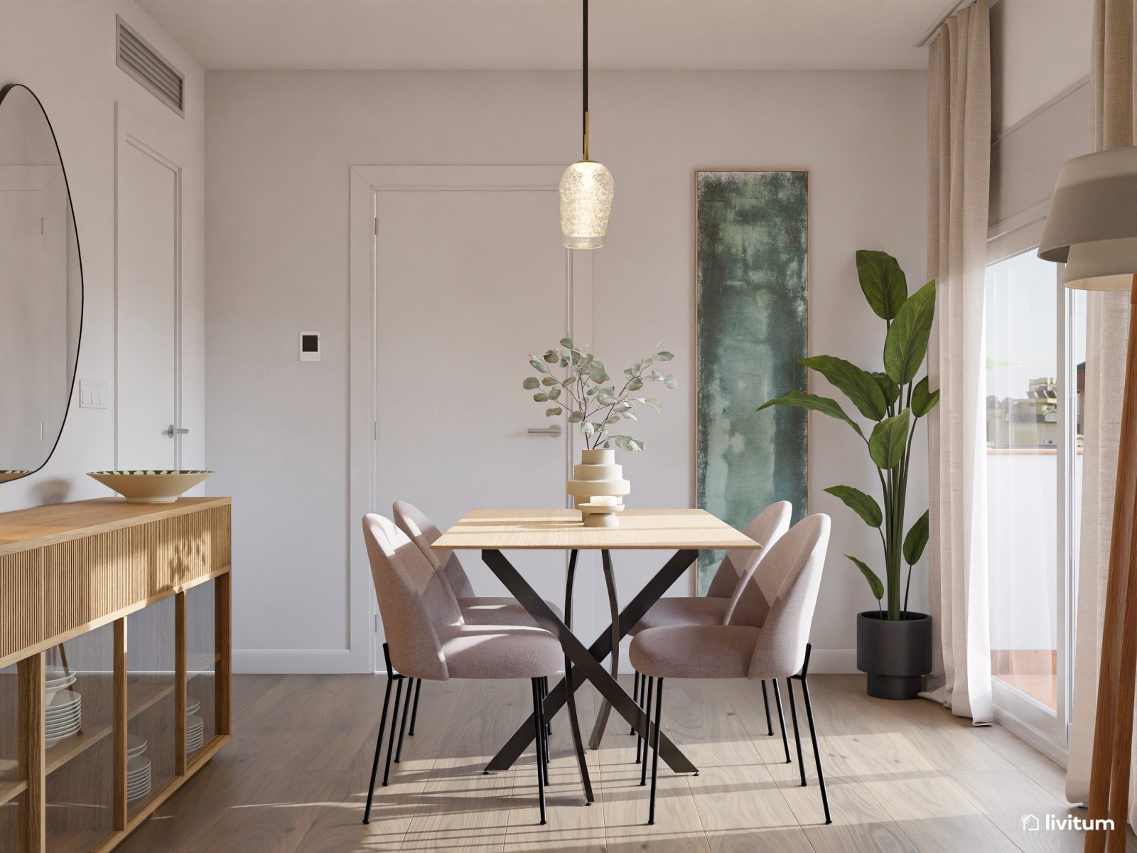 Salón comedor pequeño de 18 m² de estilo nórdico con toques en negro y verde