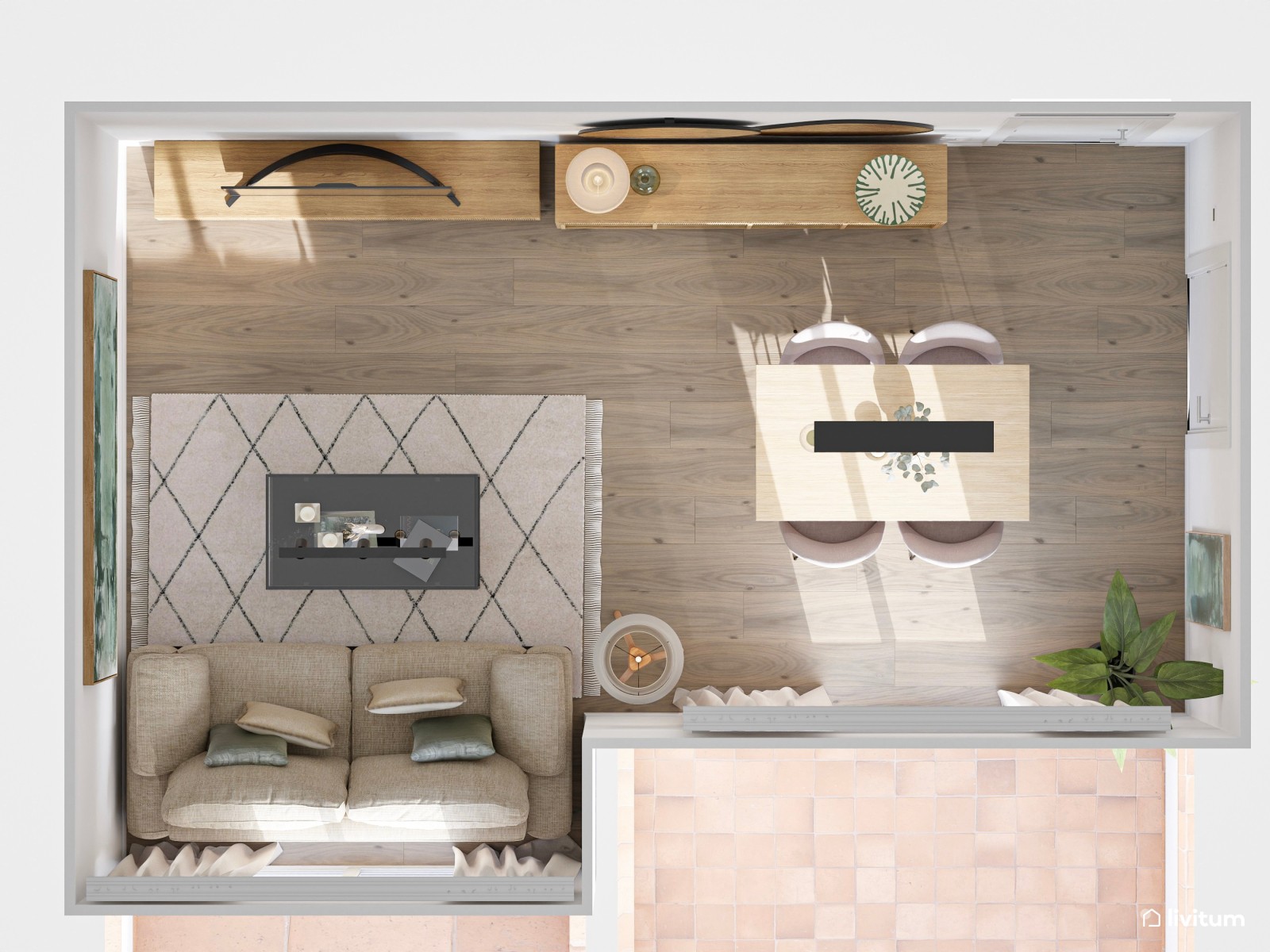 Salón comedor pequeño de 18 m² de estilo nórdico con toques en negro y verde