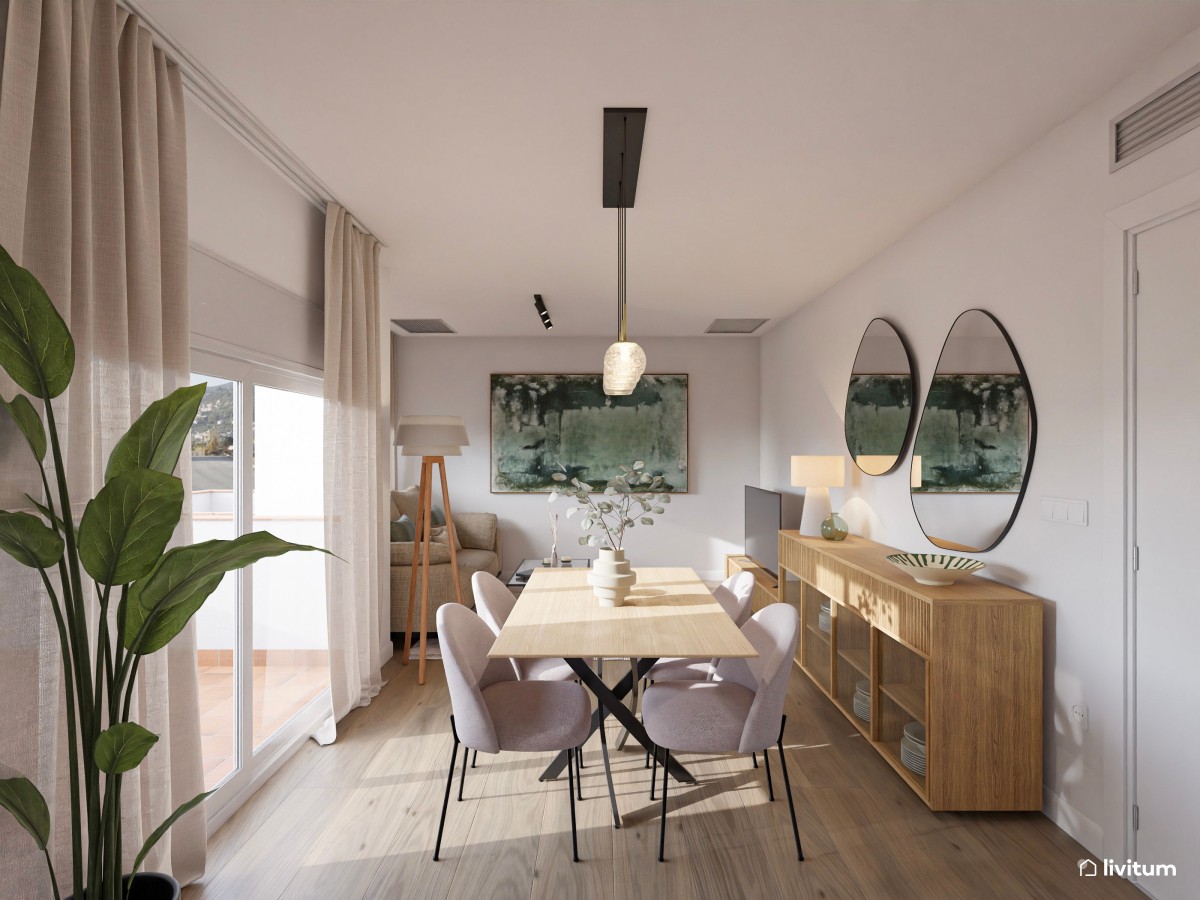 Salón comedor pequeño de 18 m² de estilo nórdico con toques en negro y verde