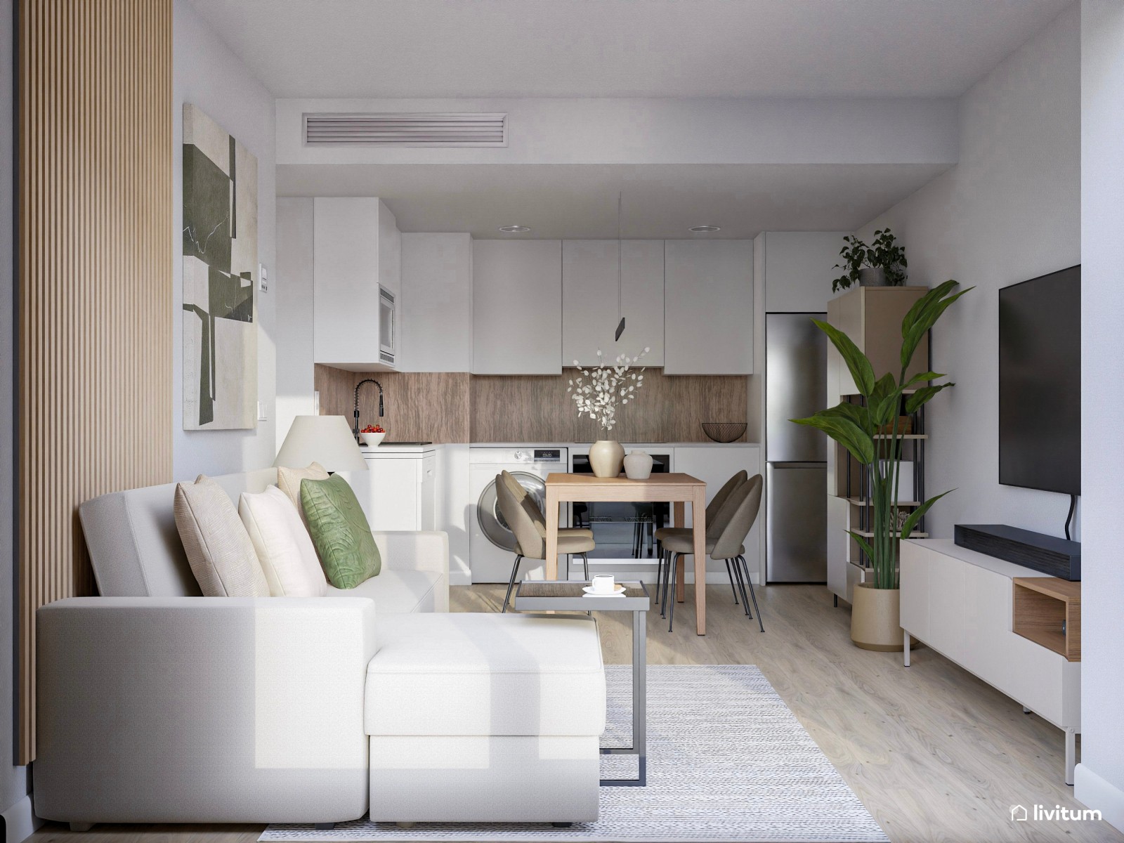 Salón comedor pequeño de 20 m² con cocina abierta en tonos tierra