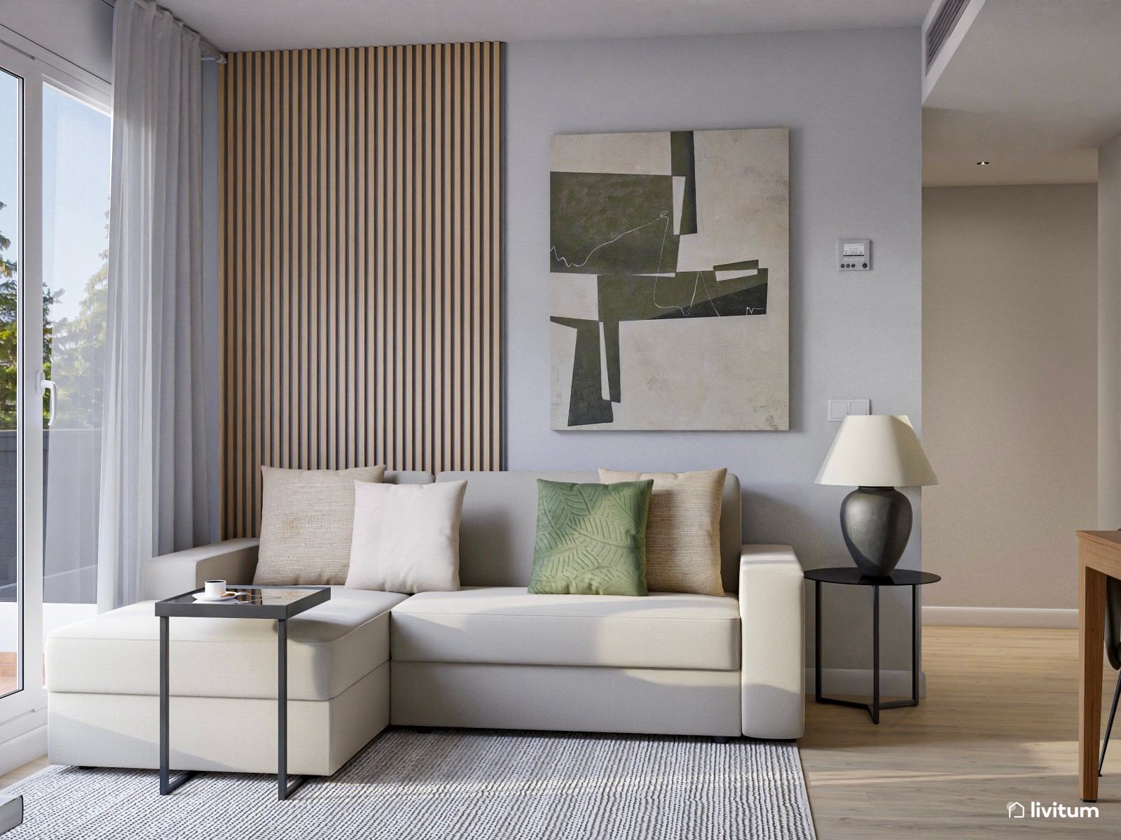 Salón comedor pequeño de 20 m² con cocina abierta en tonos tierra