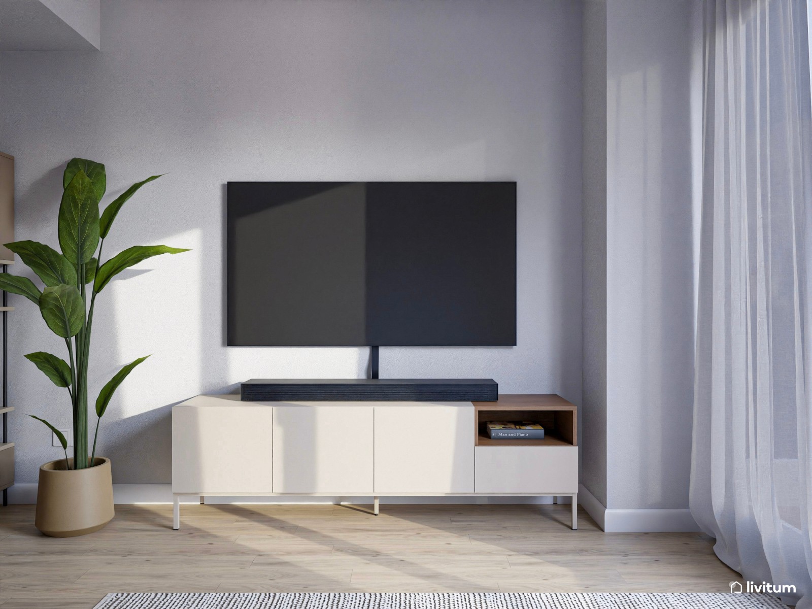 Salón comedor pequeño de 20 m² con cocina abierta en tonos tierra