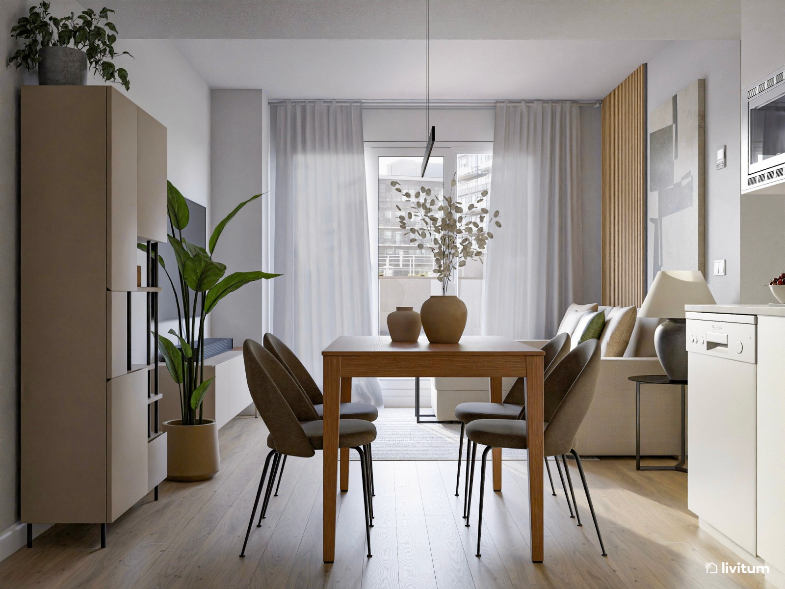 Salón comedor pequeño de 20 m² con cocina abierta en tonos tierra