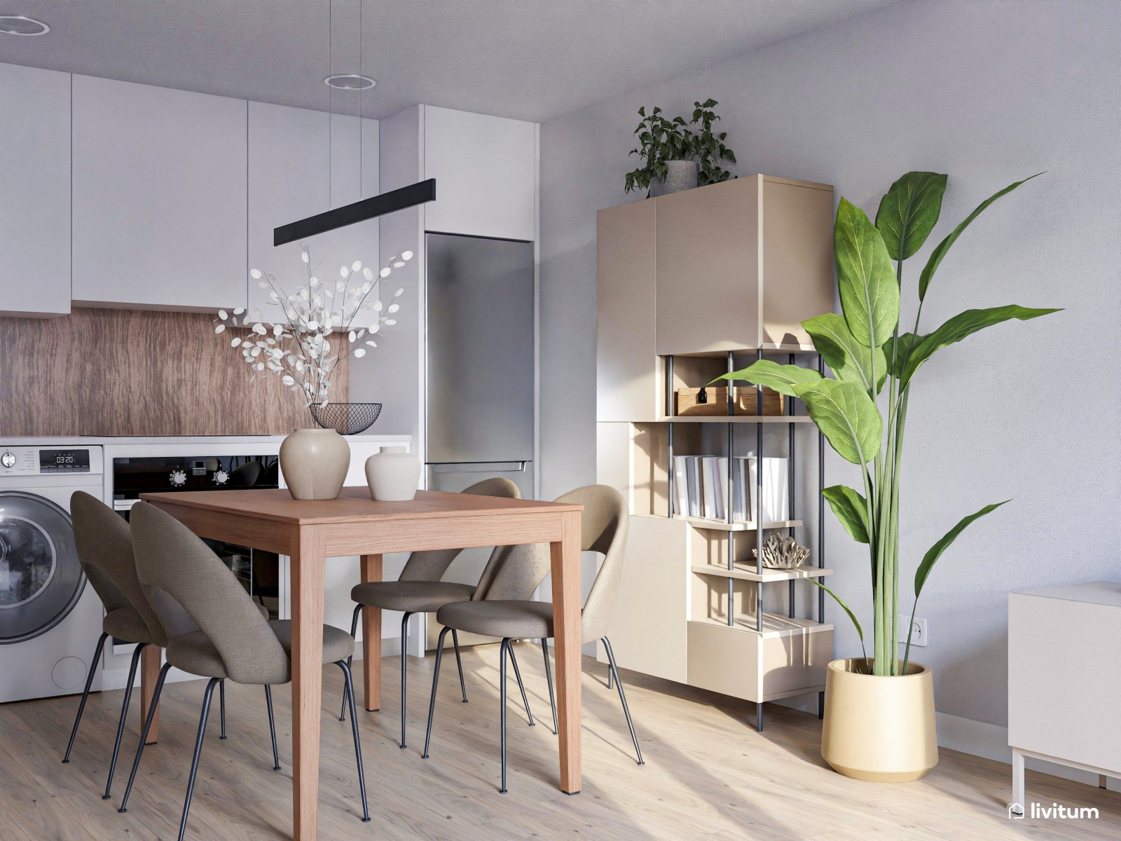 Salón comedor pequeño de 20 m² con cocina abierta en tonos tierra