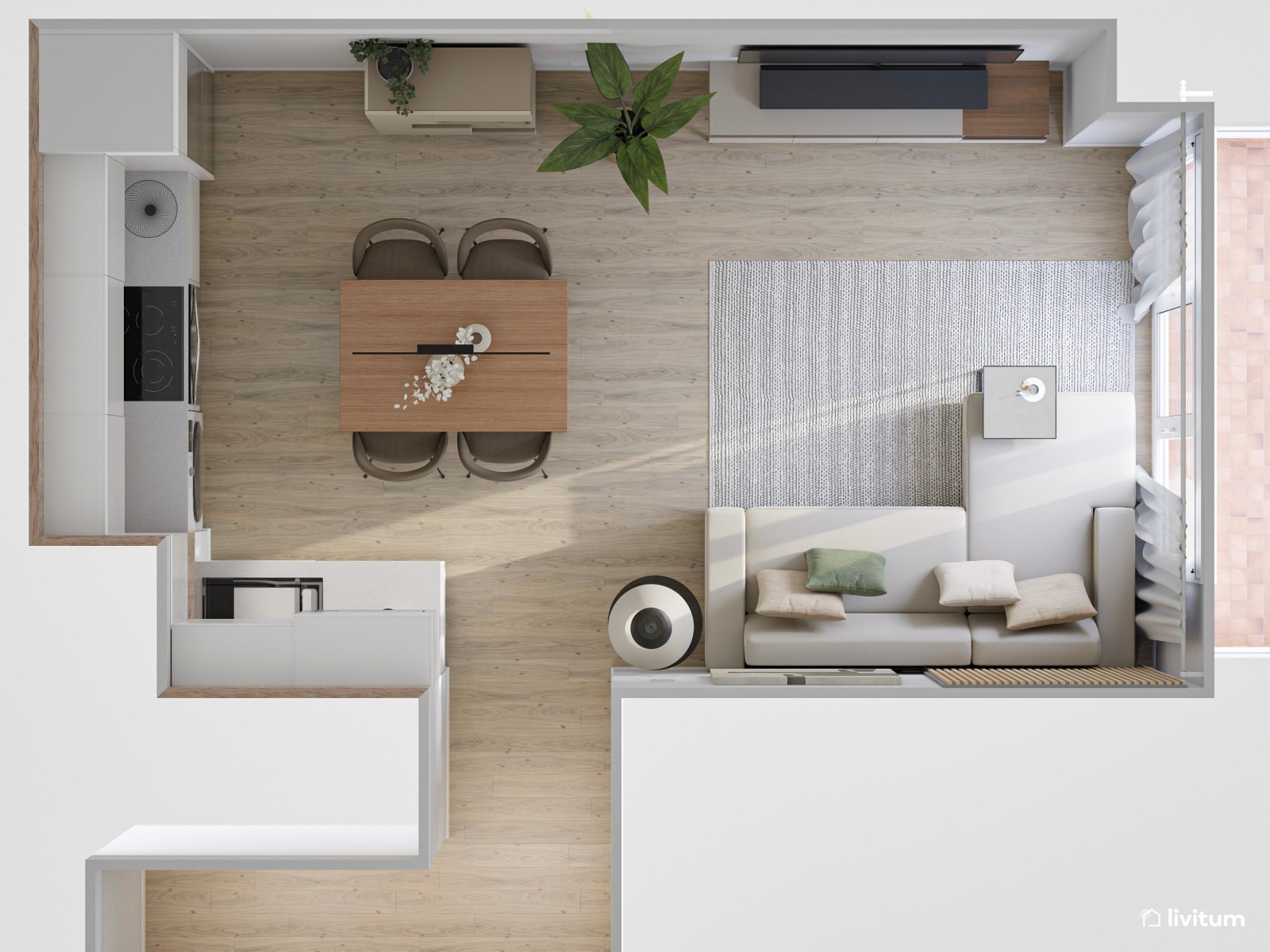 Salón comedor pequeño de 20 m² con cocina abierta en tonos tierra
