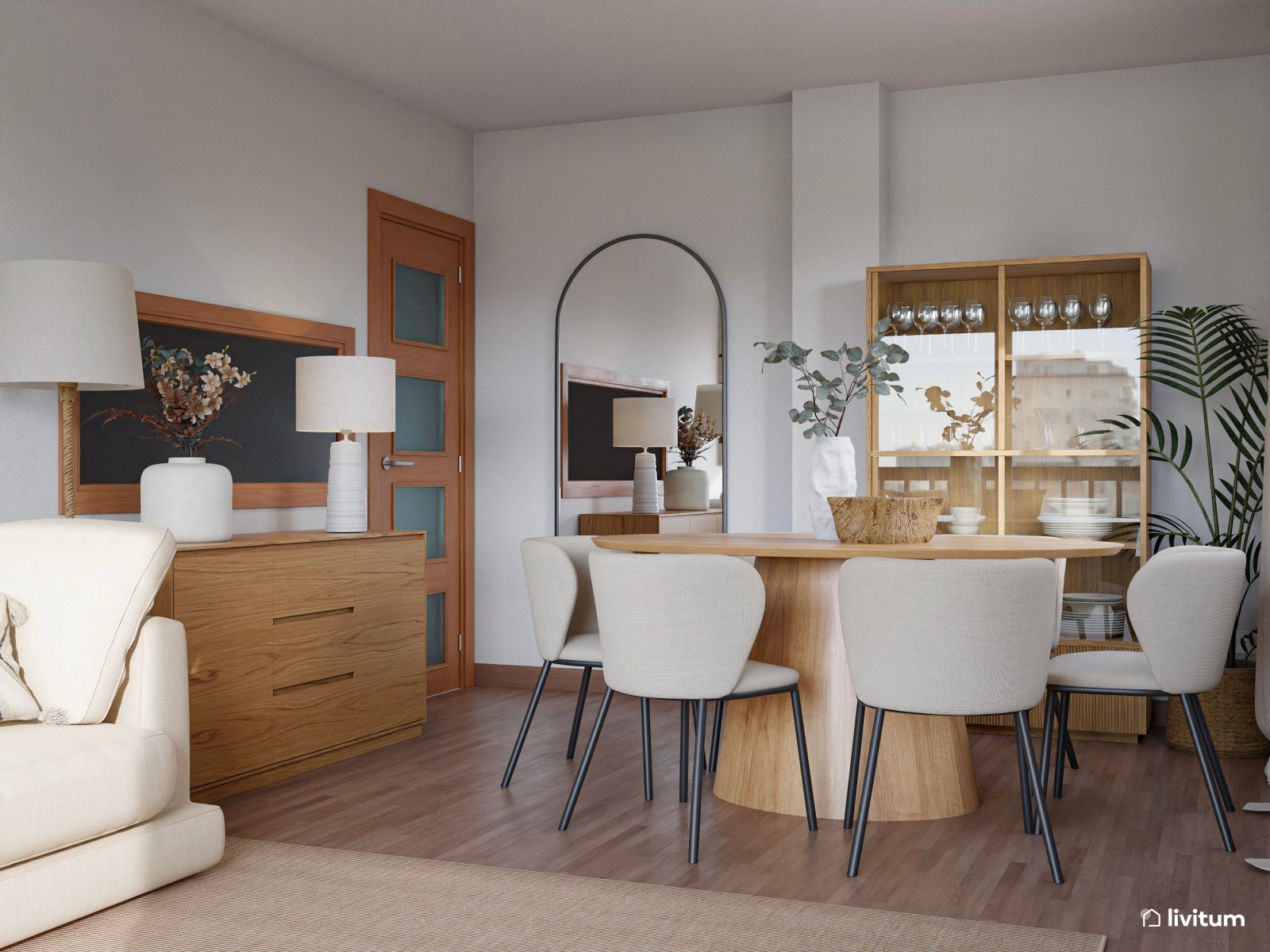 Salón comedor pequeño de 20 m² de estilo nórdico con sutiles detalles en verde