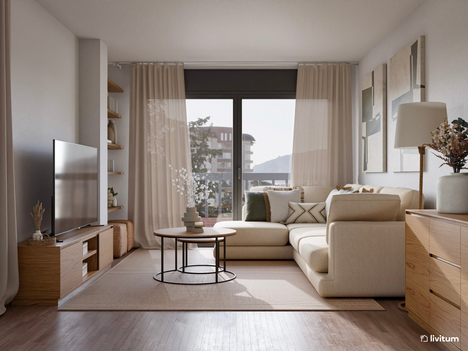 Salón comedor pequeño de 20 m² de estilo nórdico con sutiles detalles en verde