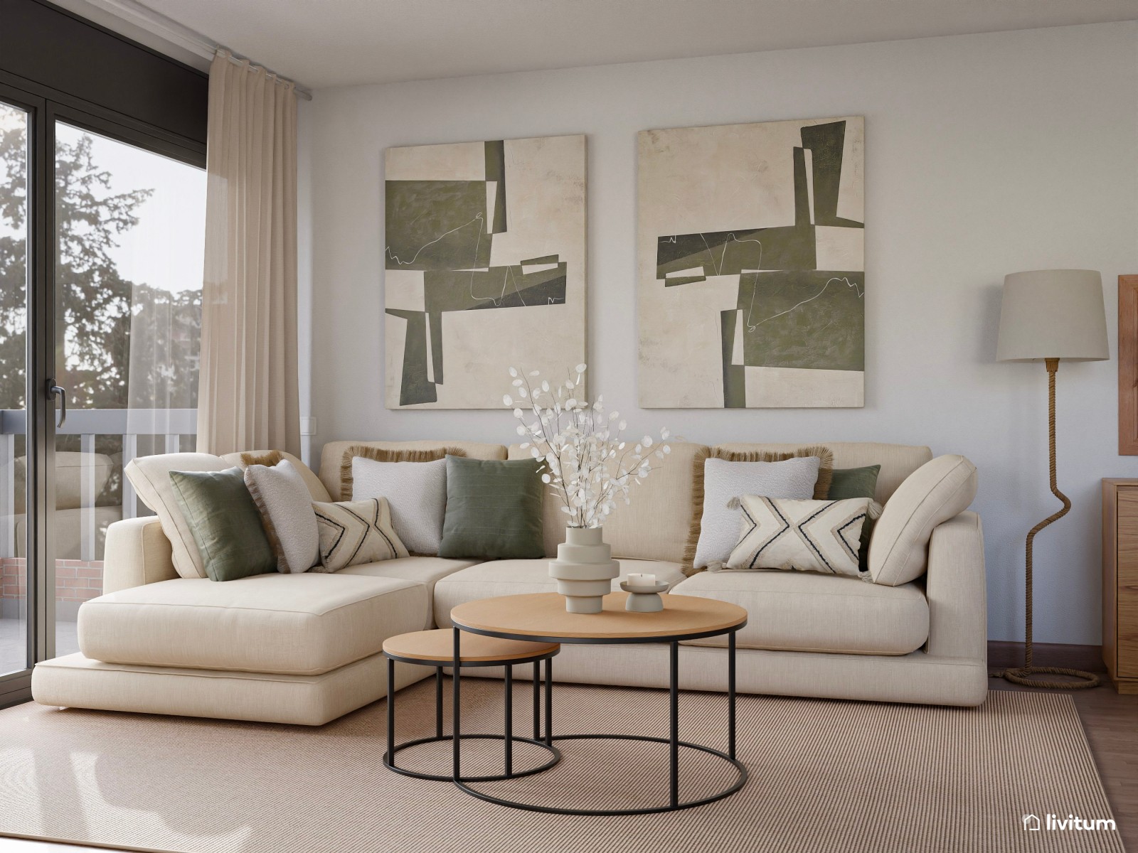 Salón comedor pequeño de 20 m² de estilo nórdico con sutiles detalles en verde