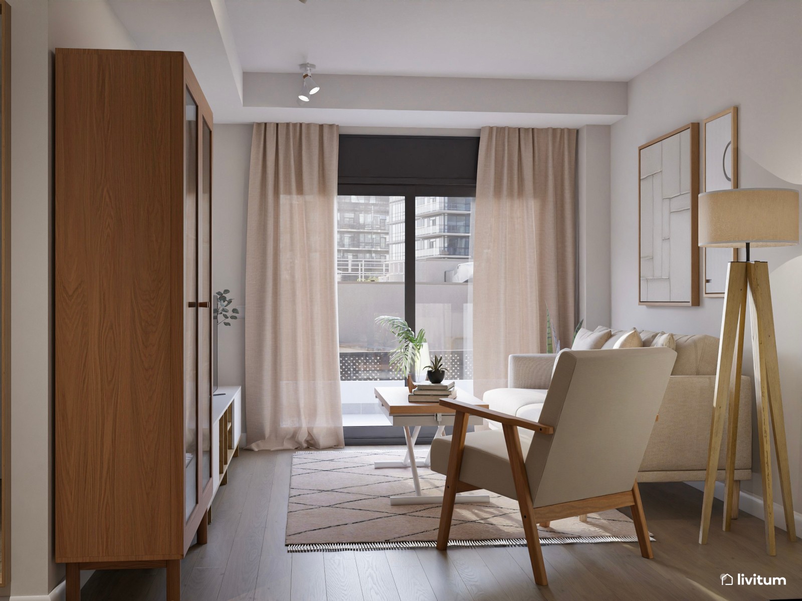 Salón comedor pequeño de 21 m² de estilo nórdico con cocina abierta