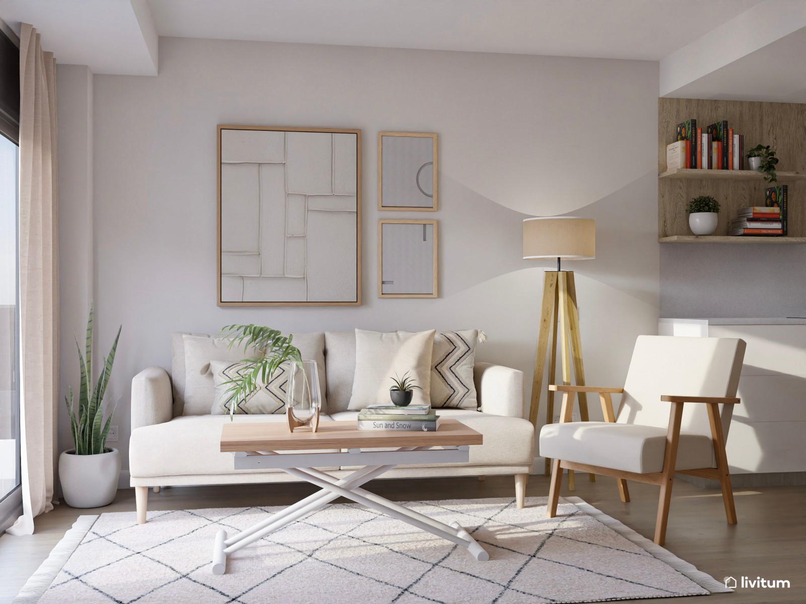 Salón comedor pequeño de 21 m² de estilo nórdico con cocina abierta