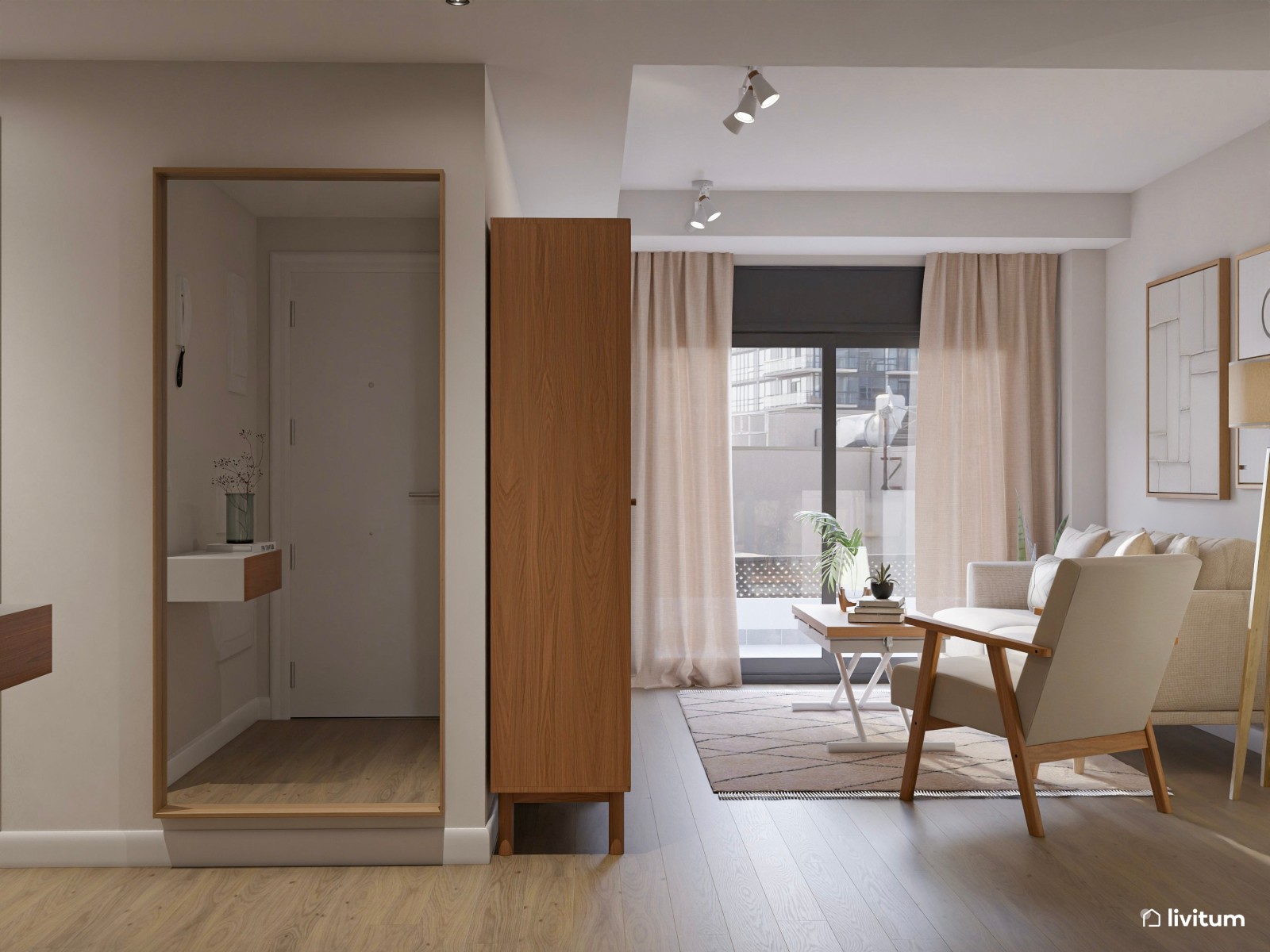 Salón comedor pequeño de 21 m² de estilo nórdico con cocina abierta