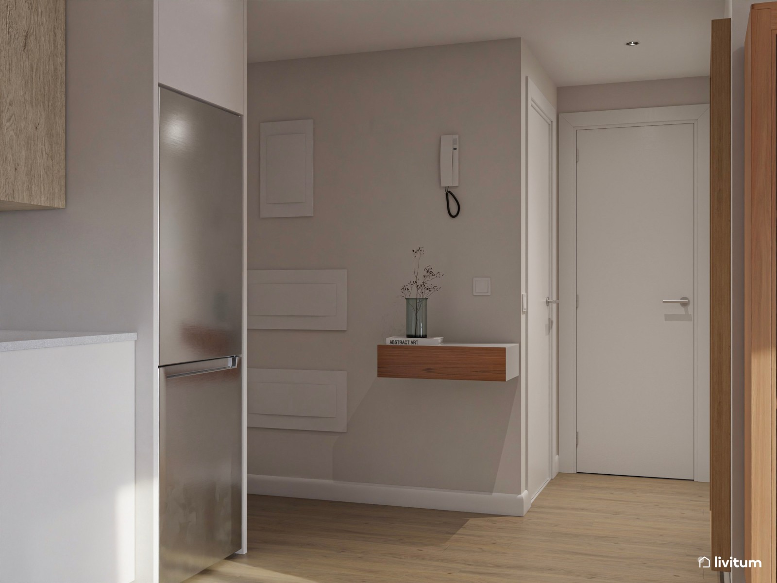 Salón comedor pequeño de 21 m² de estilo nórdico con cocina abierta
