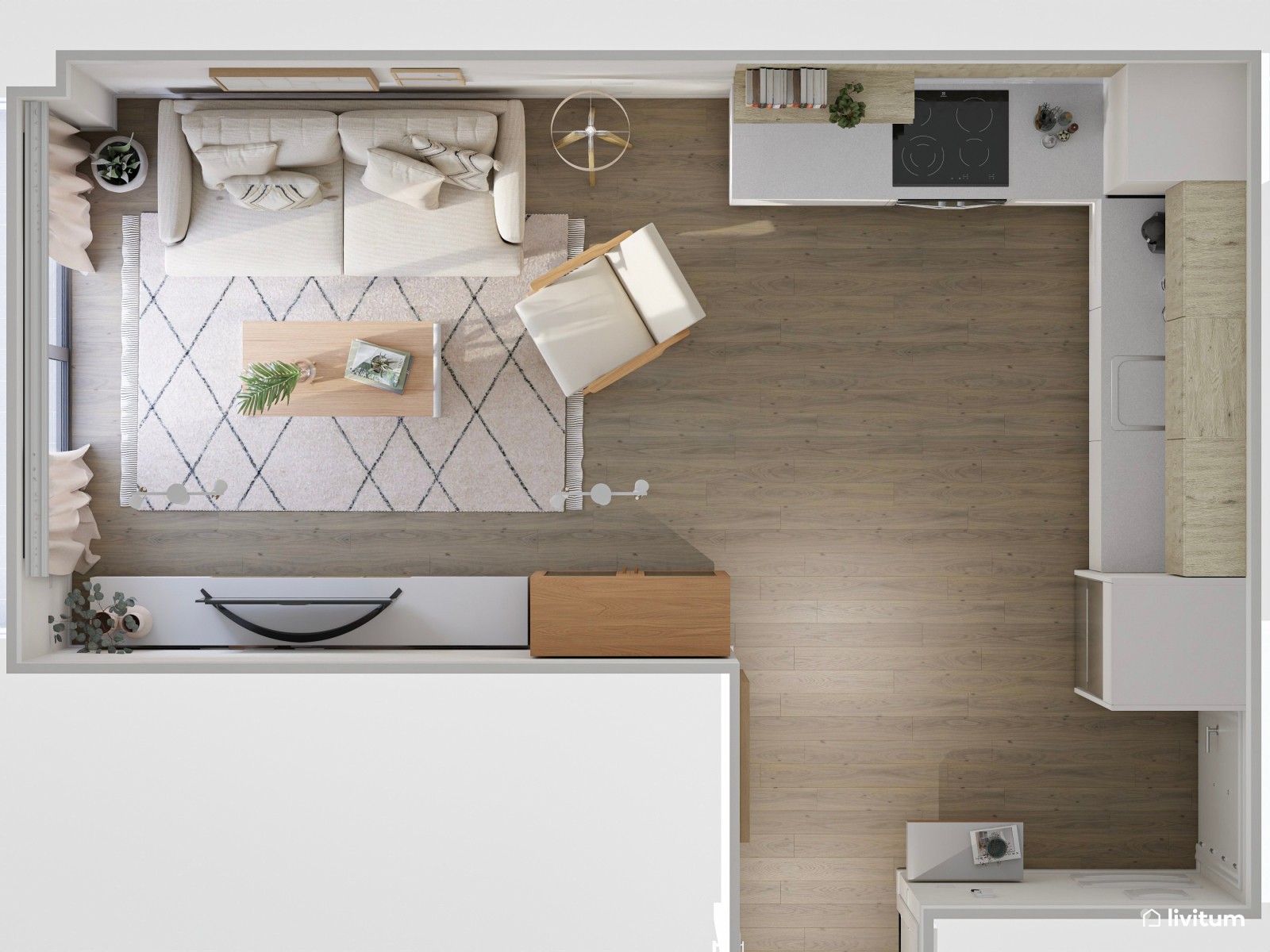 Salón comedor pequeño de 21 m² de estilo nórdico con cocina abierta