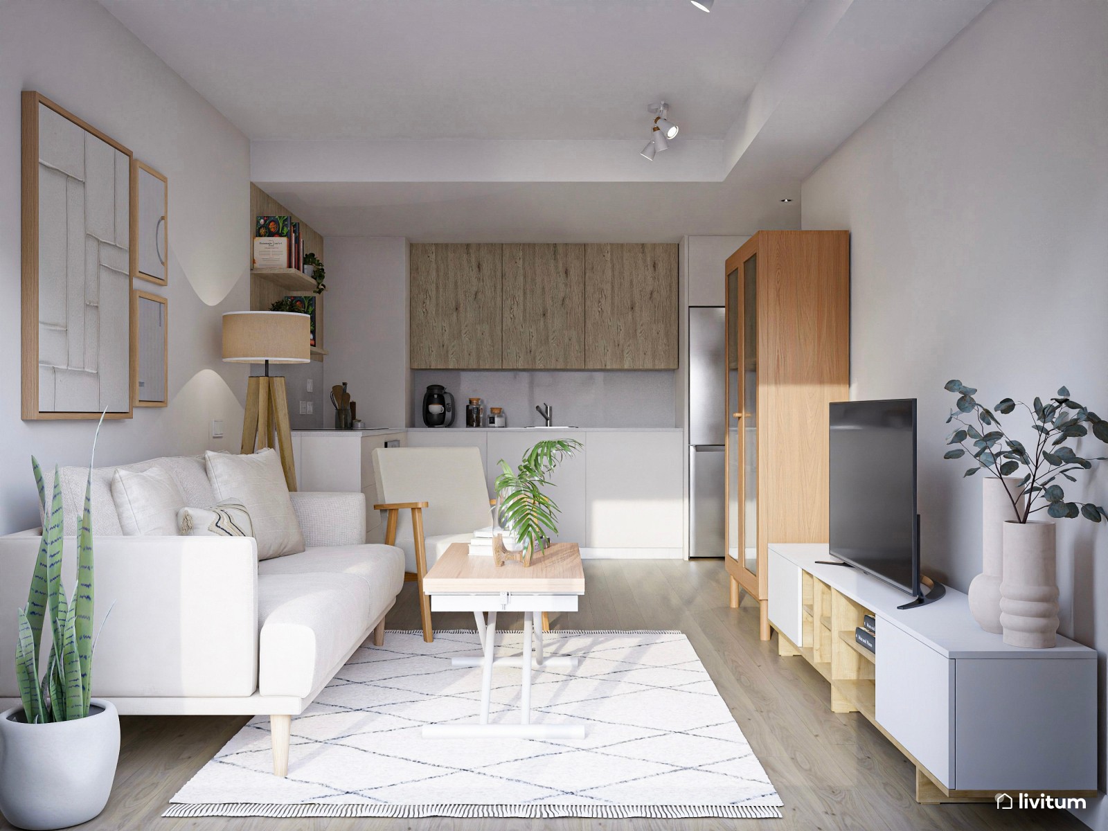 Salón comedor pequeño de 21 m² de estilo nórdico con cocina abierta