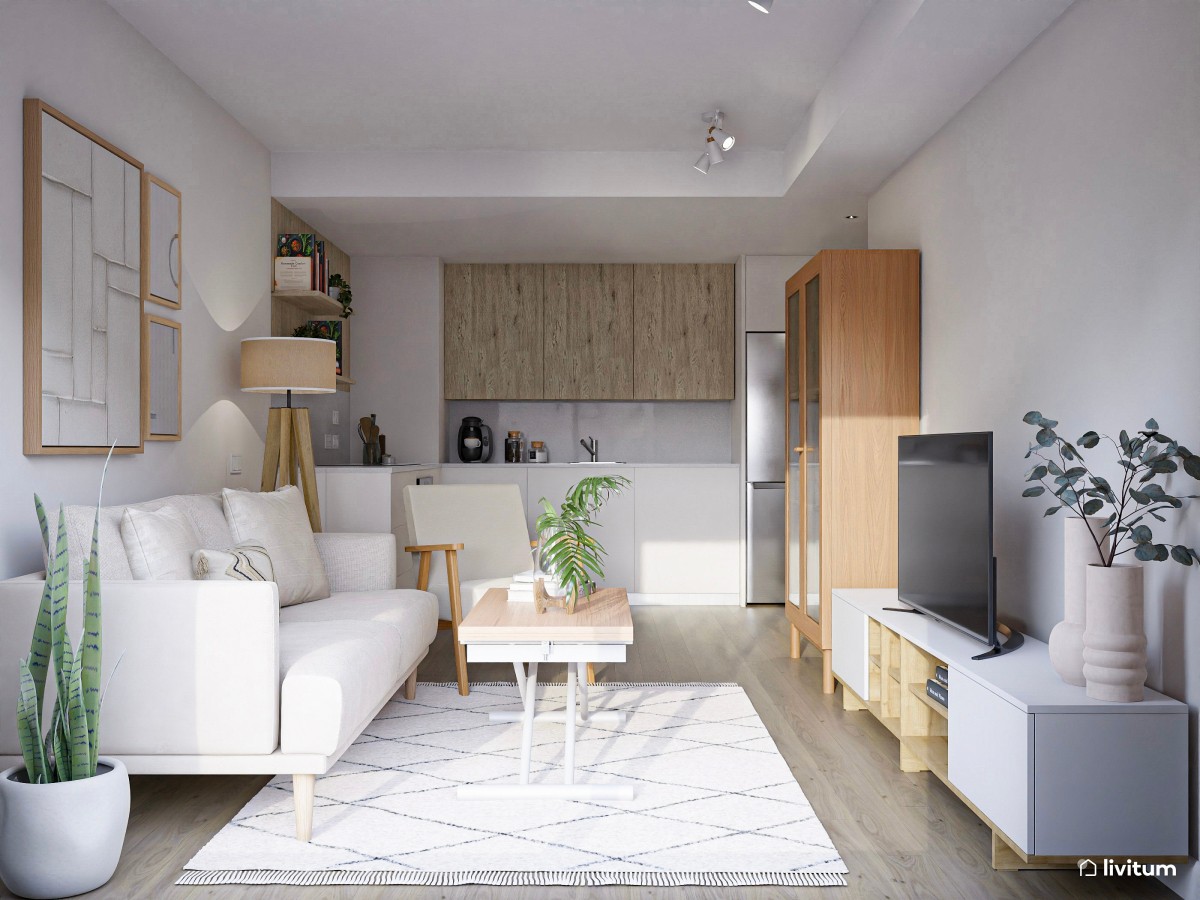Salón comedor pequeño de 21 m² de estilo nórdico con cocina abierta