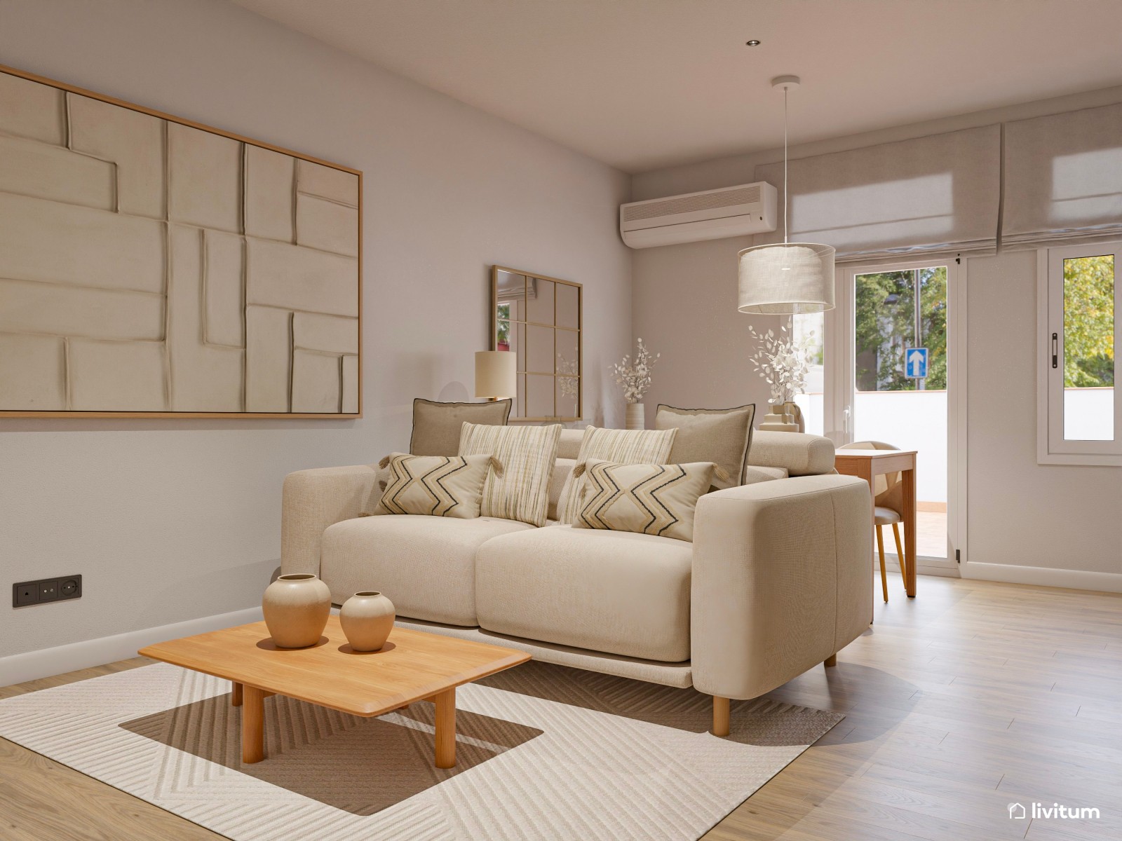 Salón comedor pequeño de estilo nórdico con cocina abierta