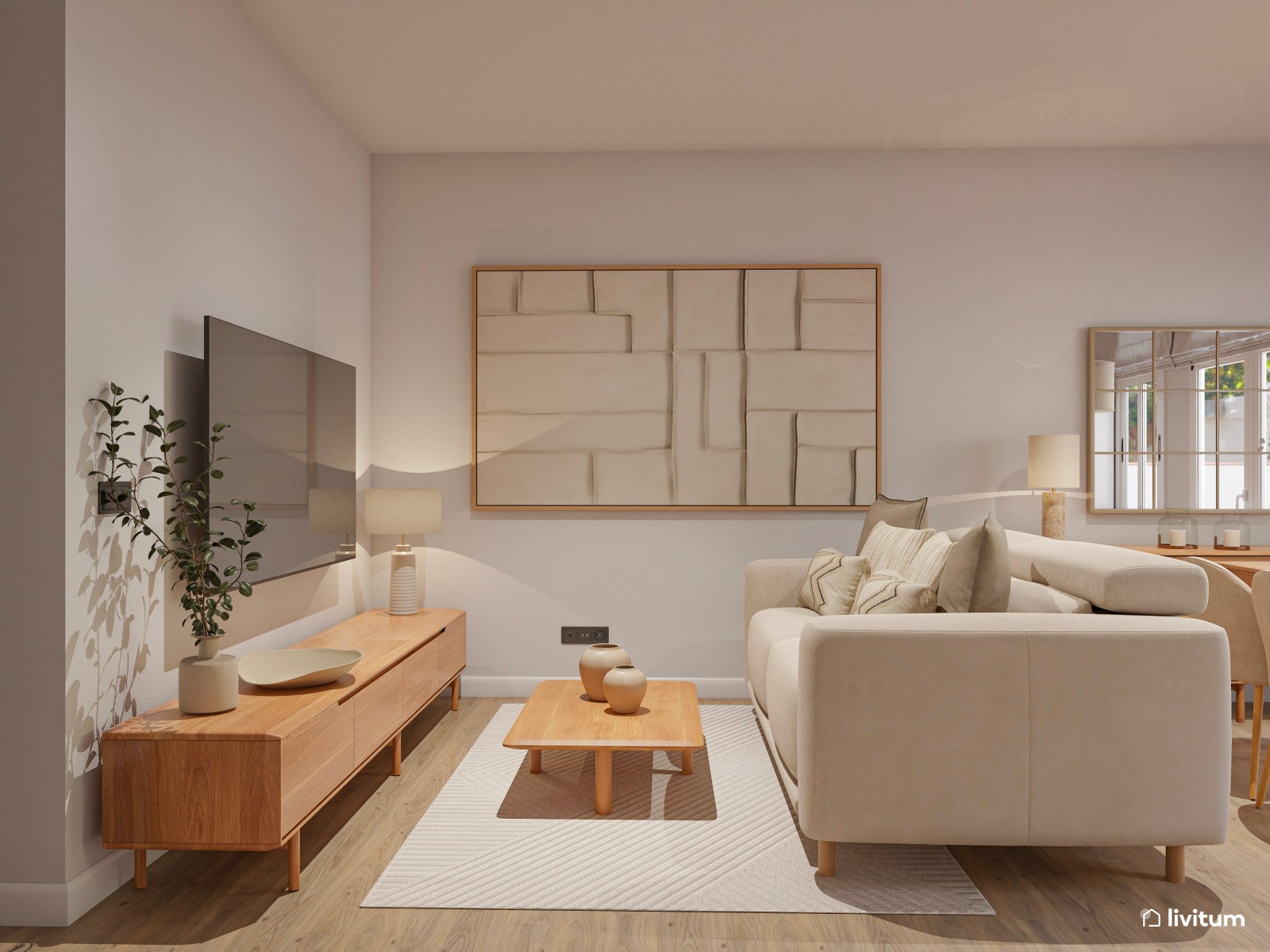Salón comedor pequeño de estilo nórdico con cocina abierta