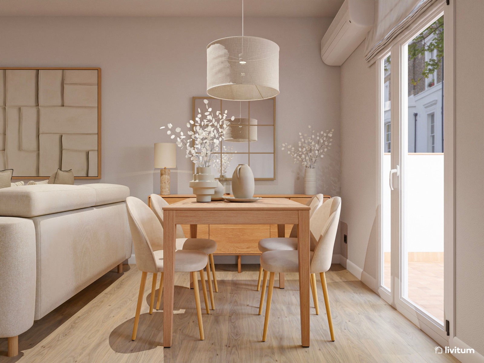 Salón comedor pequeño de estilo nórdico con cocina abierta