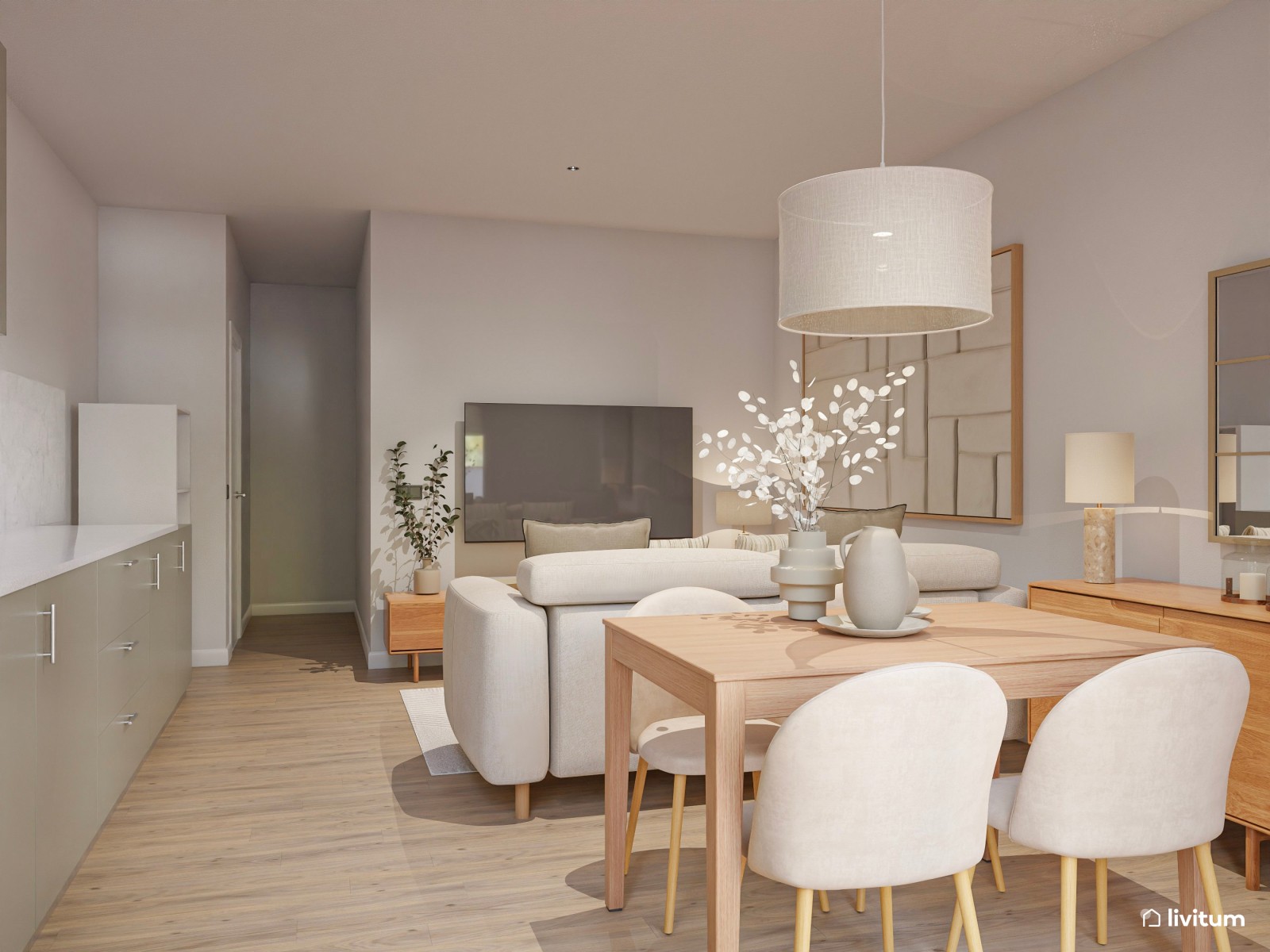 Salón comedor pequeño de estilo nórdico con cocina abierta