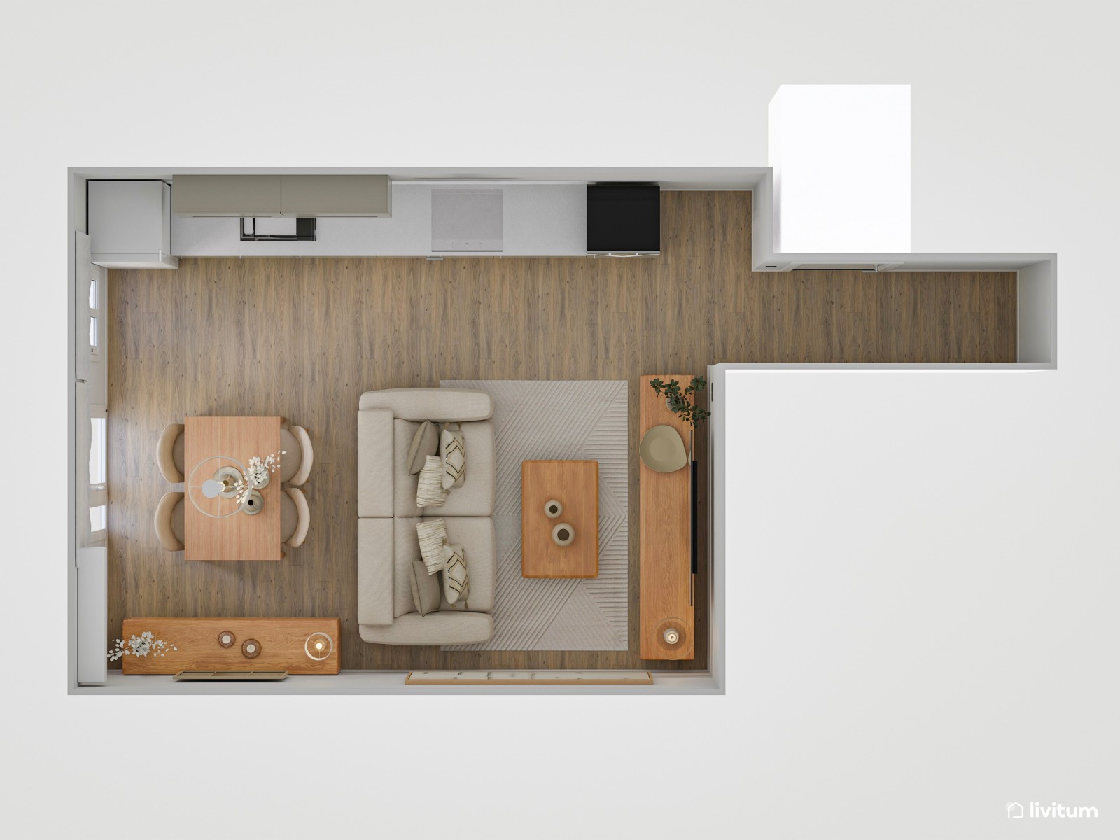 Salón comedor pequeño de estilo nórdico con cocina abierta