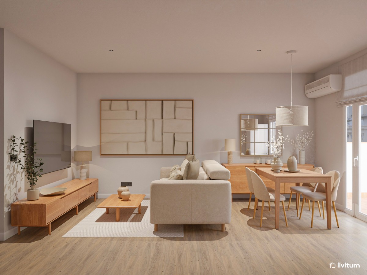 Salón comedor pequeño de estilo nórdico con cocina abierta