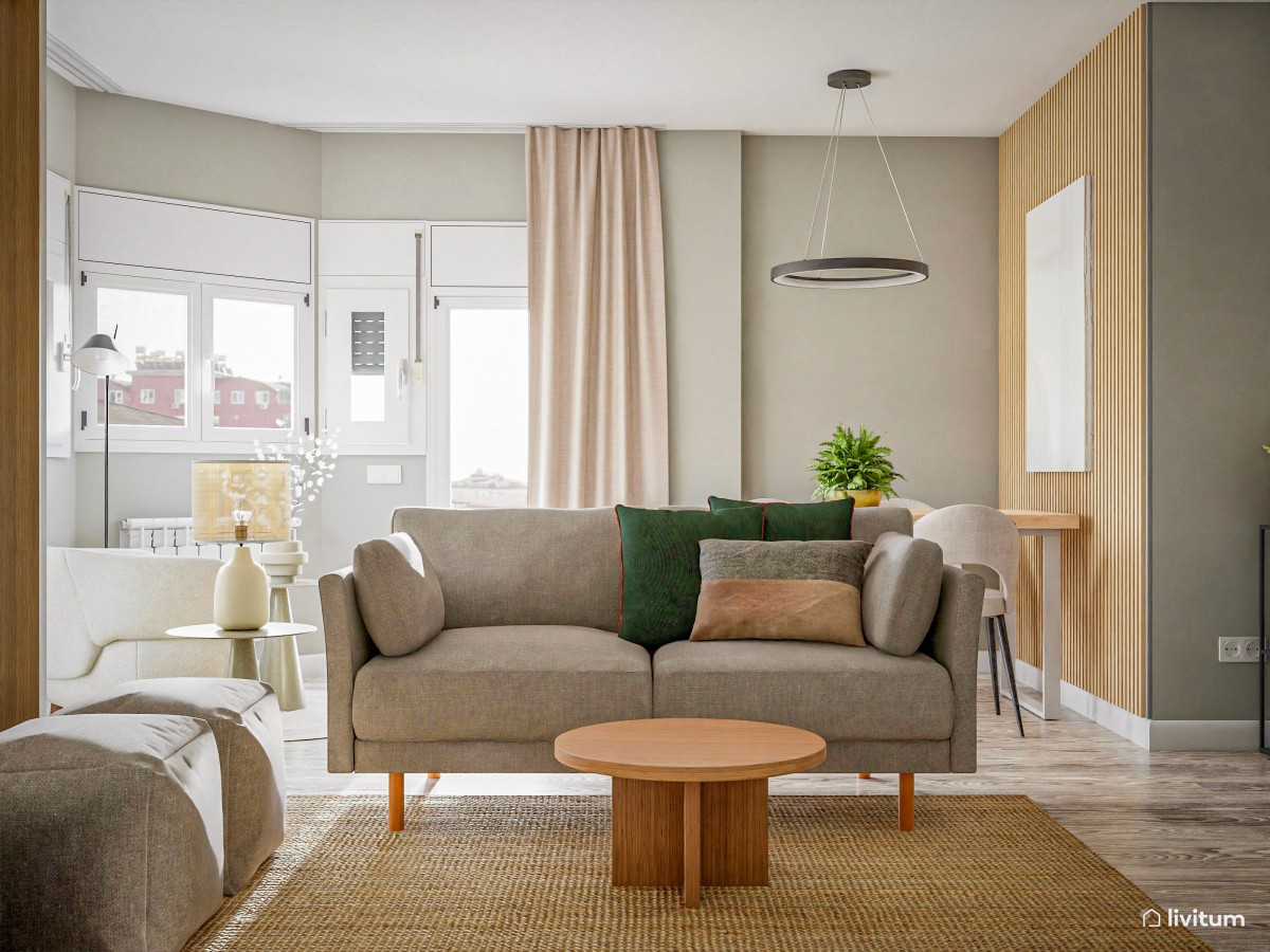 Salón comedor pequeño en verde-gris y madera