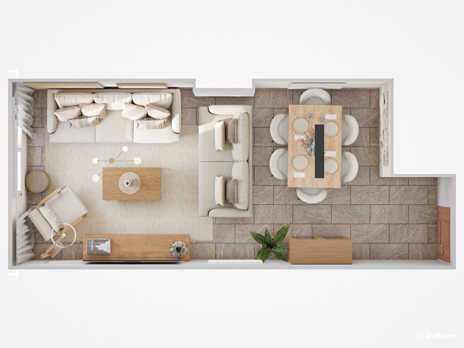 Salón comedor pequeño, moderno y elegante de 19 m² 