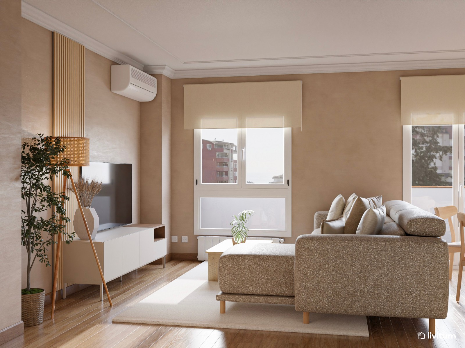 Salón comedor pequeño, nórdico y en  tonos tierra 